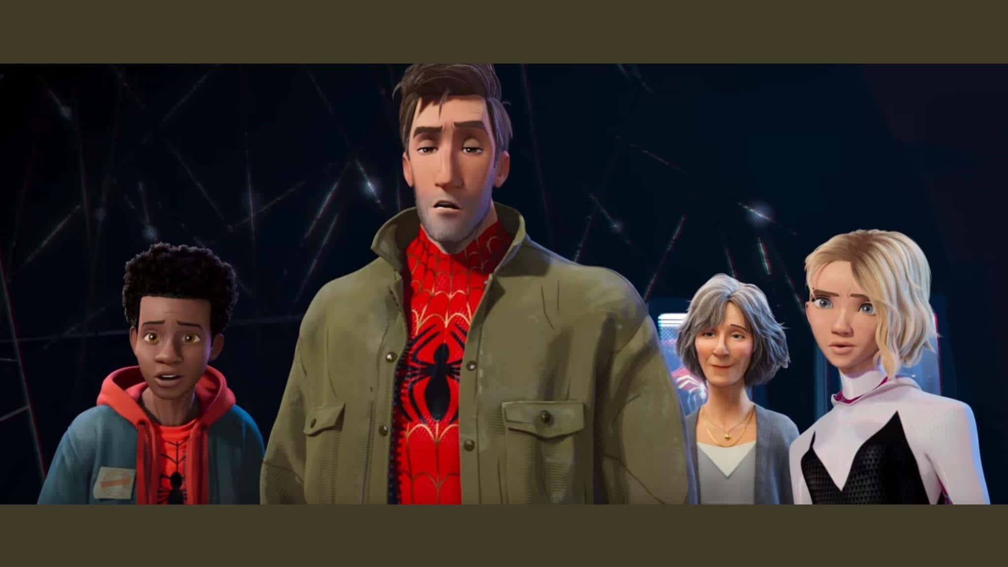Aunt May 桌布 壁紙 — 四個動畫角色在一個黑暗的網狀環境中站在一起，蜘蛛俠和蜘蛛格溫穿著超級英雄服裝。
