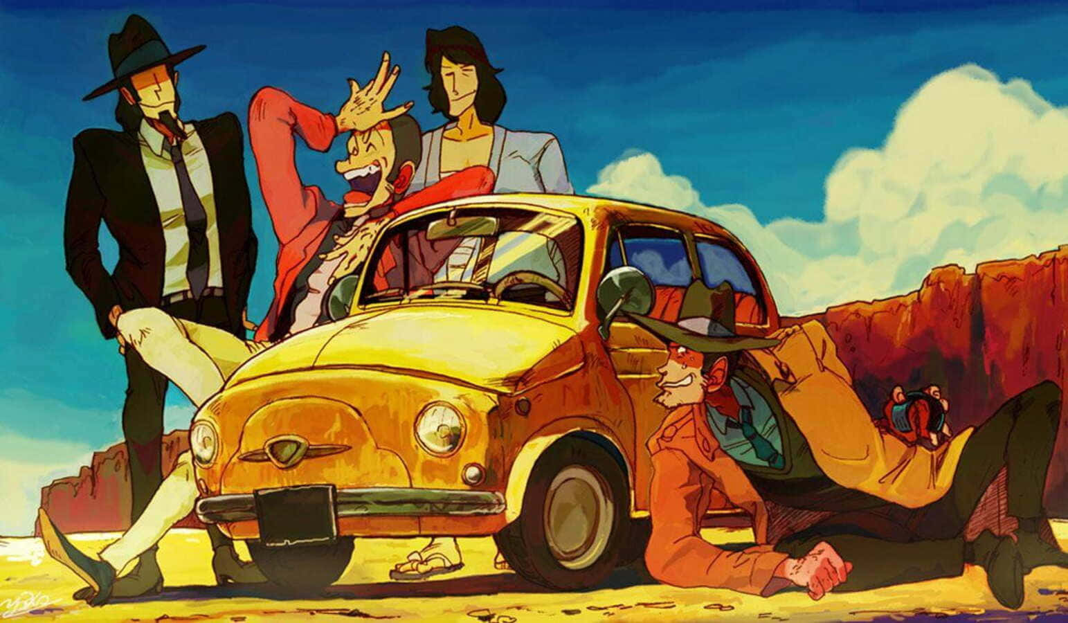 Lupin Iii The Castle Of Cagliostro 桌布 壁紙 — 四個動畫角色在明亮的藍天下，在沙漠峽谷中圍繞一輛復古黃色汽車戲劇性地擺姿勢。