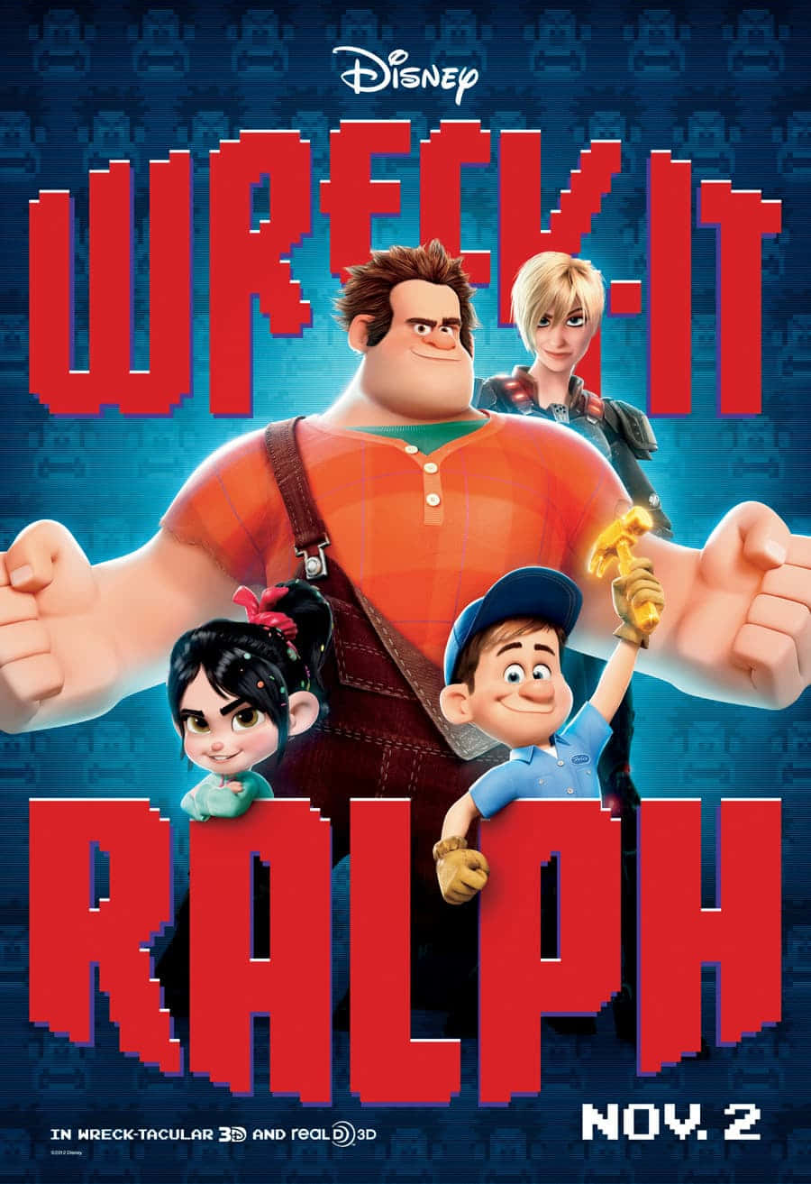 Disney 3d Movies 桌布 壁紙 — 四個動畫電子遊戲角色英雄式地站在像素化藍色背景上，帶有粗體紅色標題文字。