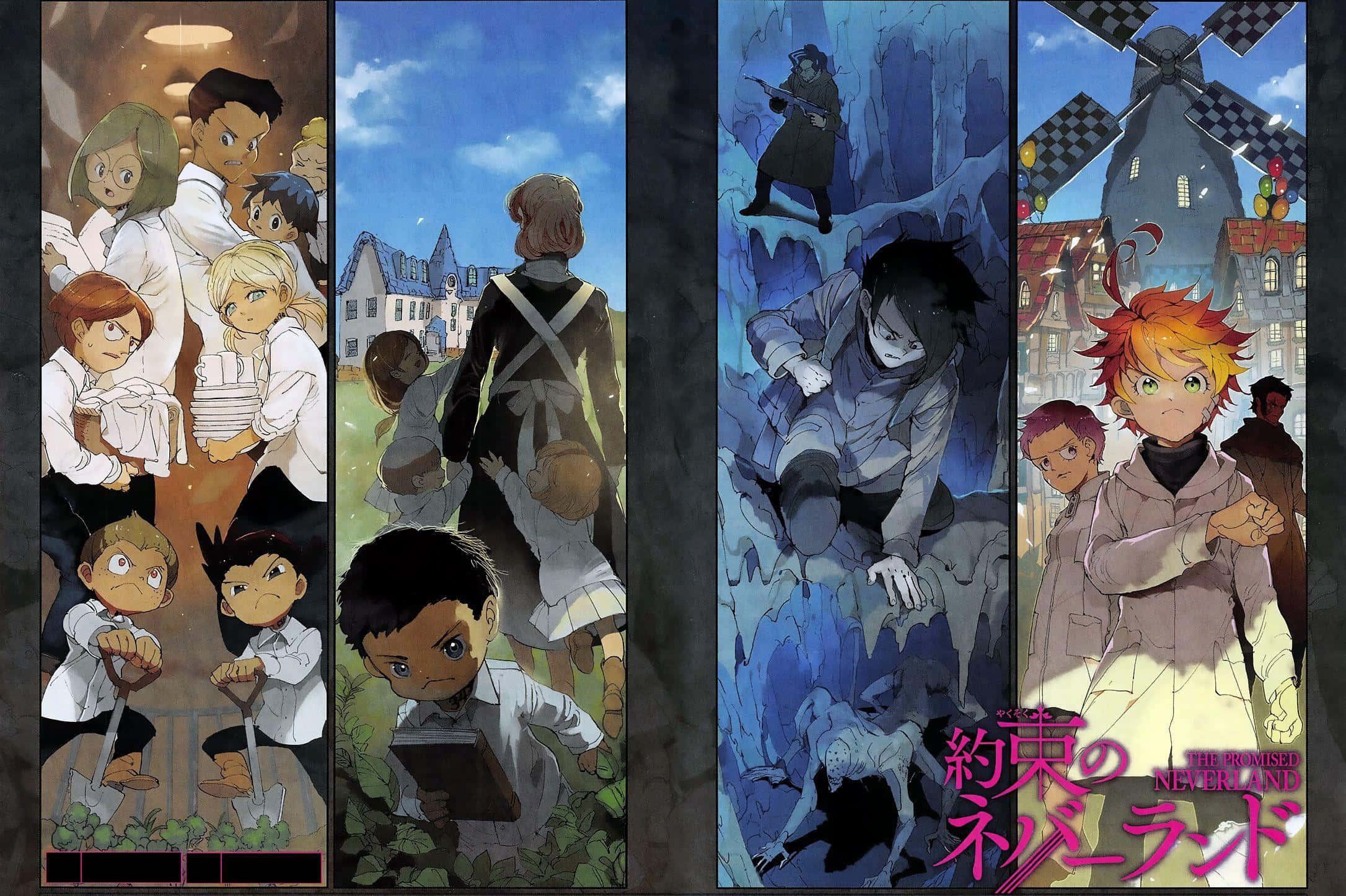 The Promised Neverland Phil 桌布 壁紙 — 四個動畫面板展示兒童在不同場景中：園藝、穿過村莊、攀爬冰崖、站在風車前。