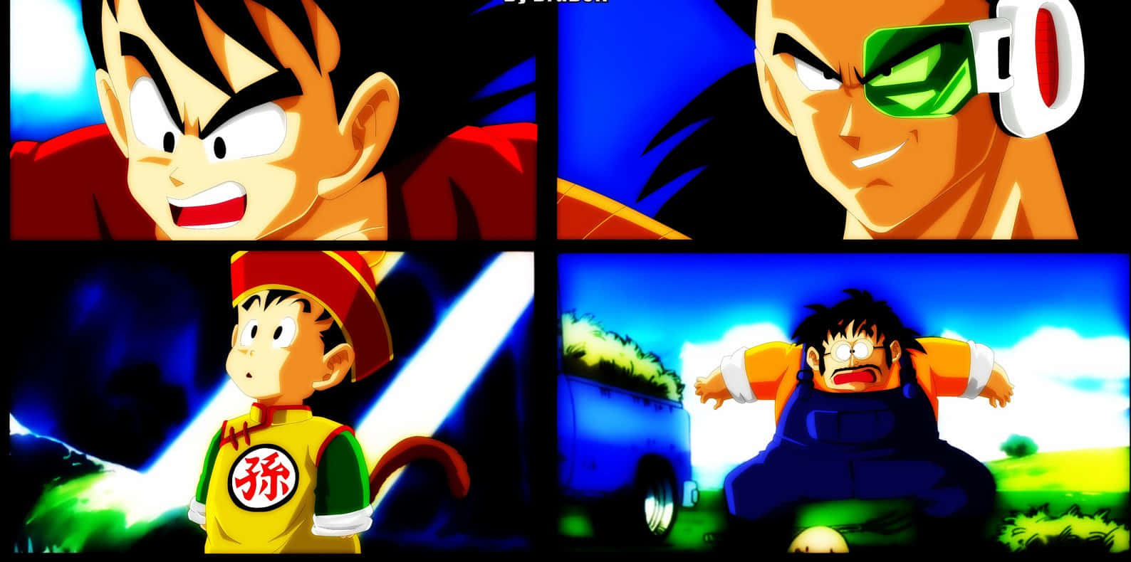 Raditz 桌布 壁紙 — 四個動畫面板展示決心堅定的戰士，以動態姿勢呈現鮮豔色彩和強烈表情。