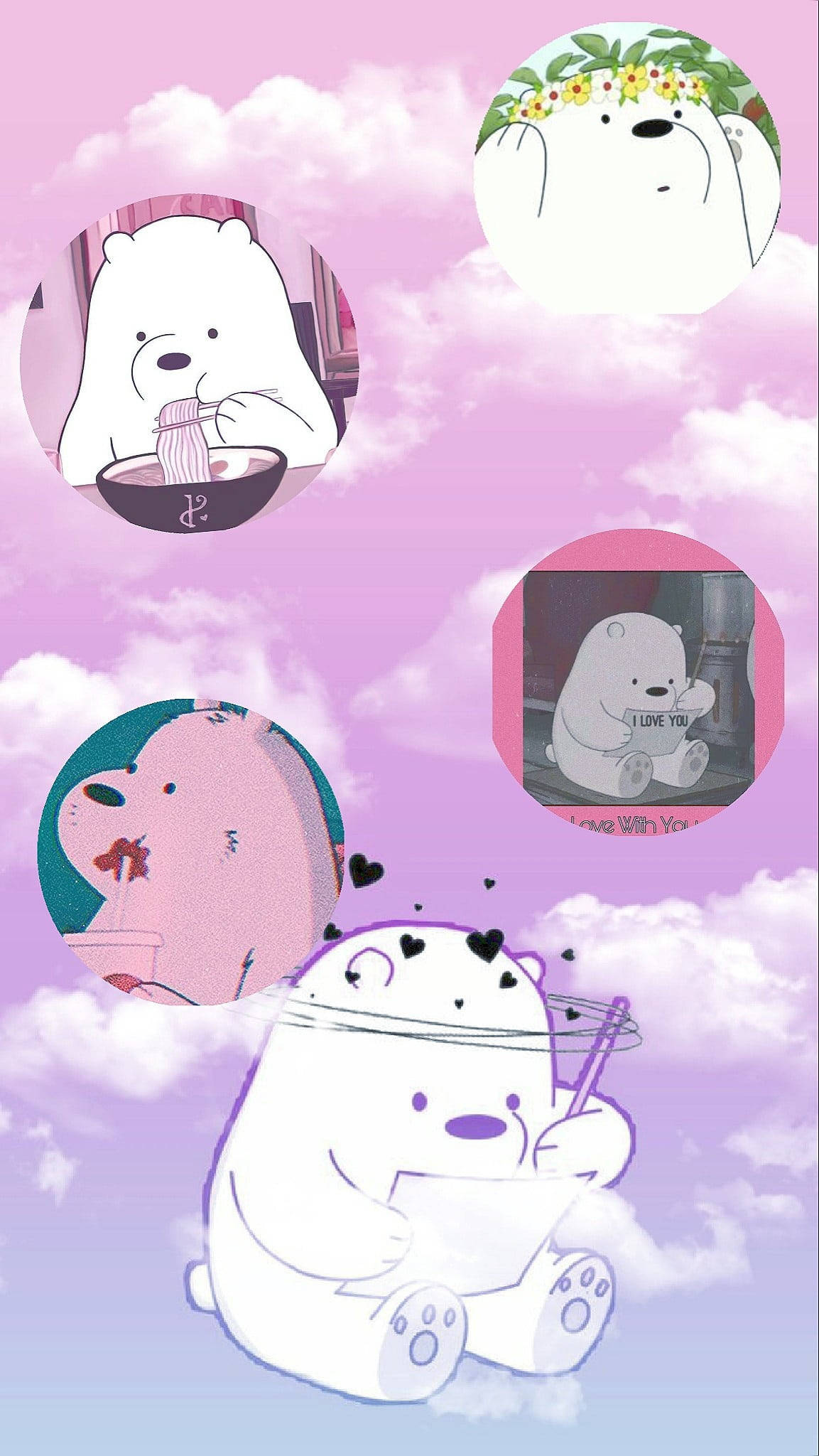 We Bare Bears 桌布 壁紙 — 四個卡通熊在圓形框架中漂浮在柔和的粉紅色和紫色雲朵之間，每個都在進行可愛的活動，例如吃麵條或舉著「I LOVE YOU」標語。