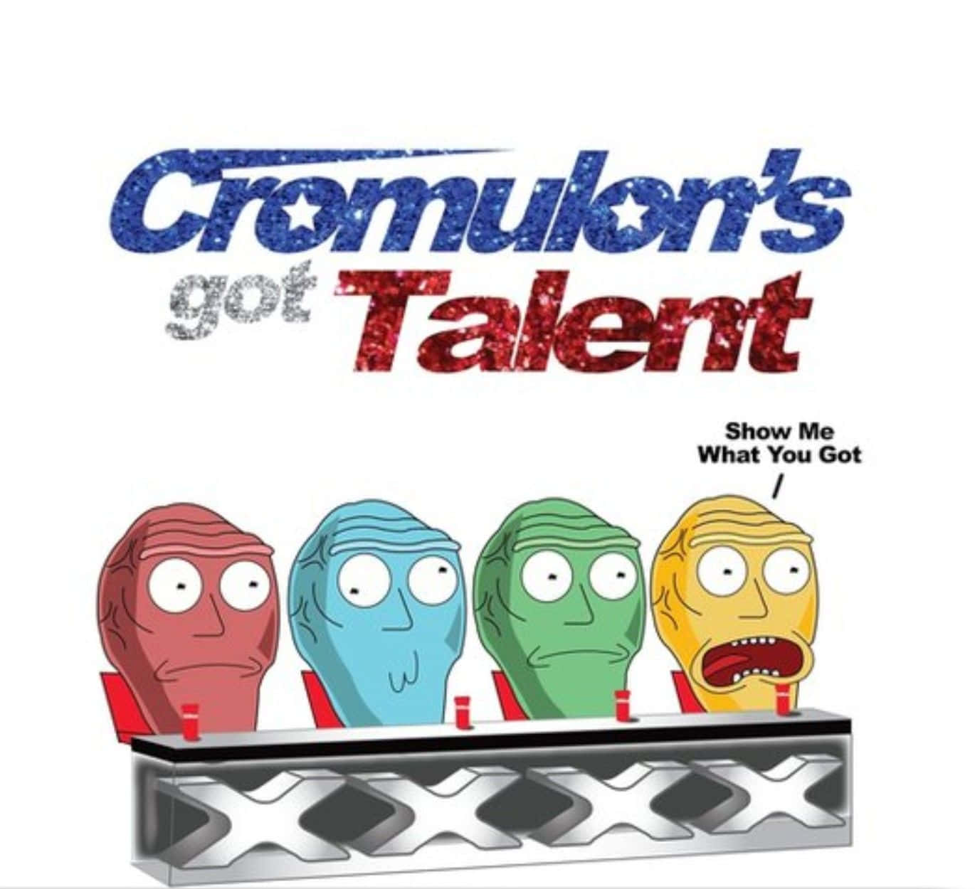 The Cromulons 桌布 壁紙 — 四個卡通風格的外星評判帶著震驚的表情坐在閃閃發光的才藝表演桌後，上方有粗體文字寫著「Cromulon's got Talent」。