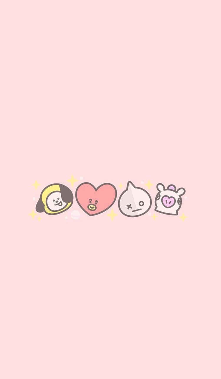 Soft Girl Aesthetic 桌布 壁紙 — 四個可愛卡通角色，帶有心形和閃光，漂浮在柔和的粉紅色背景上。