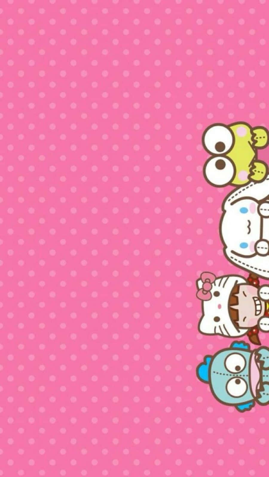Hello Kitty And Friends 桌布 壁紙 — 四個可愛嘅卡通角色喺粉紅色圓點背景嘅右邊角落探出頭嚟。