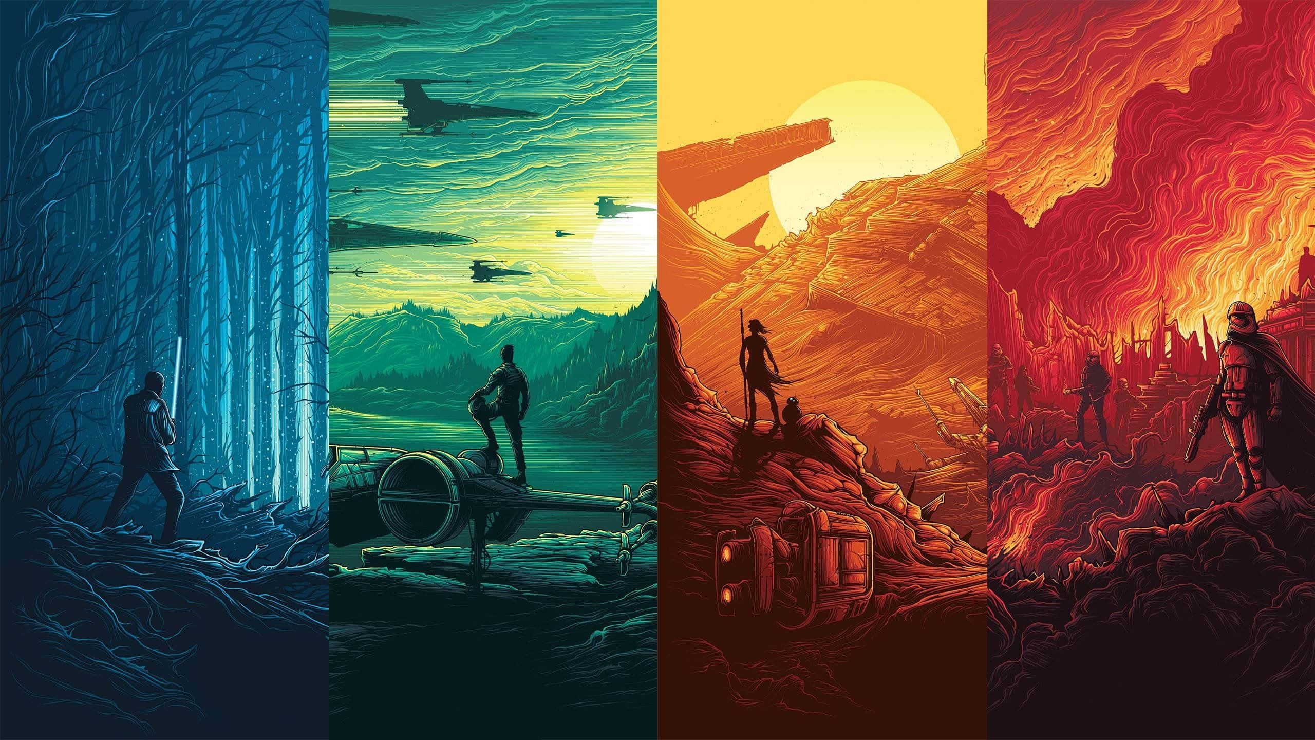 Cool Star Wars 桌布 壁紙 — 四個垂直面板描繪了《星球大戰》角色在從藍色到紅色的鮮豔色彩漸變下的戲劇性外星景觀中。