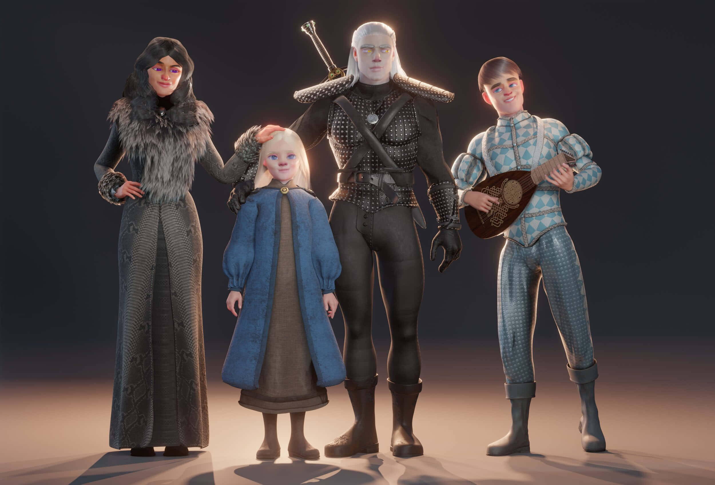 The Witcher Characters 桌布 壁紙 — 四個奇幻角色在工作室場景中站在一起，包括一名持劍戰士、一名穿毛皮的女人、一名穿藍色外套的小孩和一名拿著魯特琴的男孩。