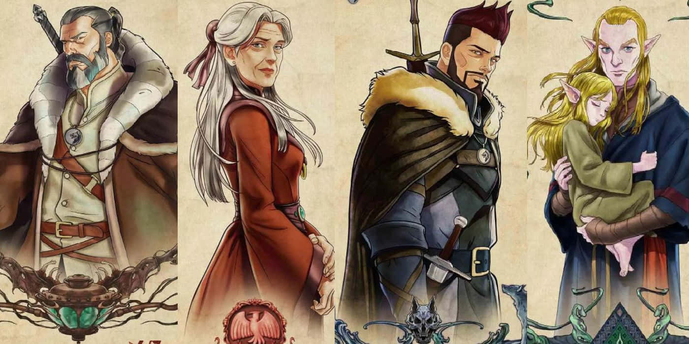 The Witcher Characters 桌布 壁紙 — 四個奇幻角色手持劍，具有精靈特徵，站在類似羊皮紙的背景前，帶有華麗設計。