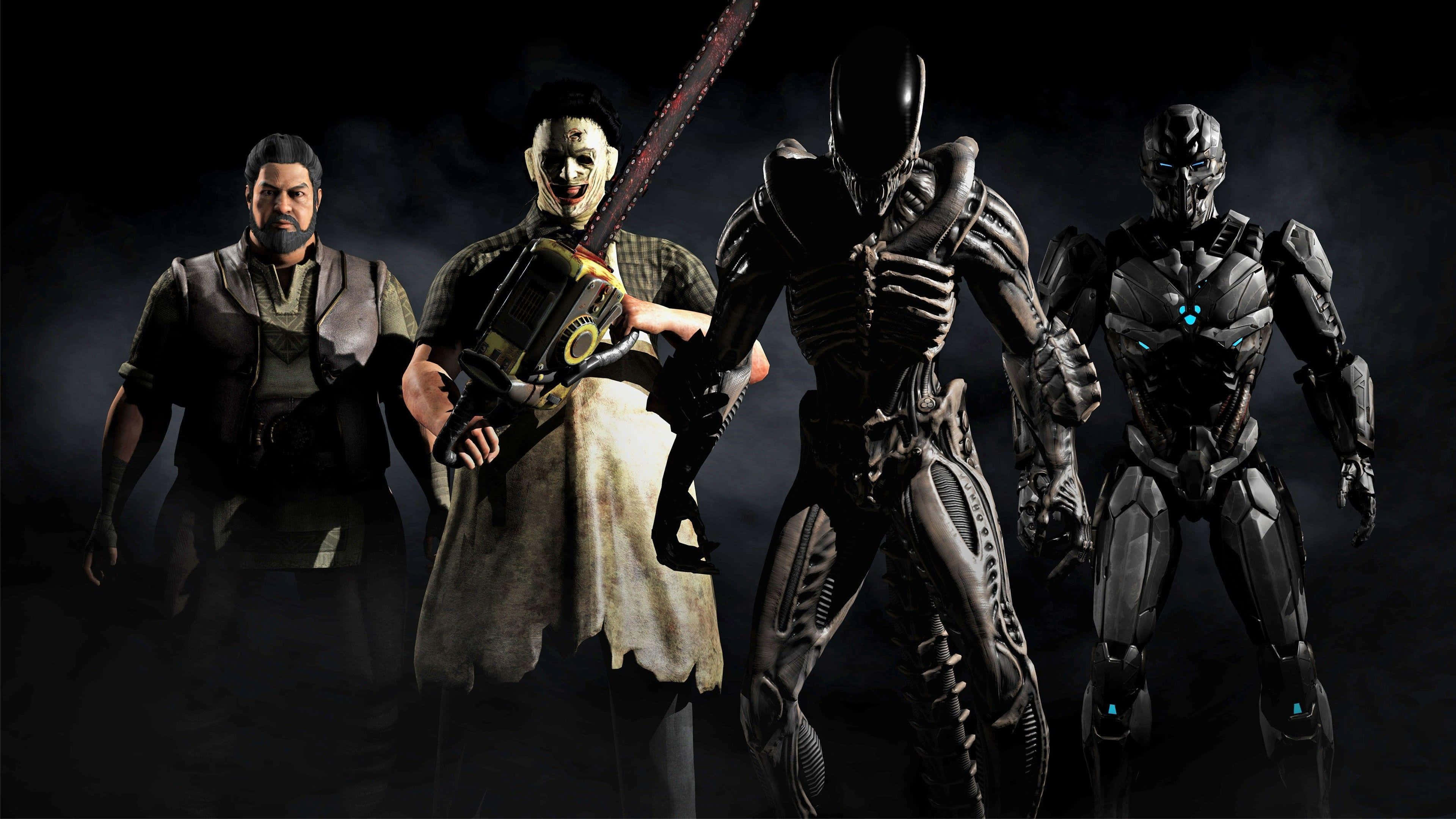 Mortal Kombat Triborg 桌布 壁紙 — 四個威脅性的恐怖角色站在黑暗煙霧彌漫的場景中，他們的盔甲和武器帶有發光的藍色點綴。