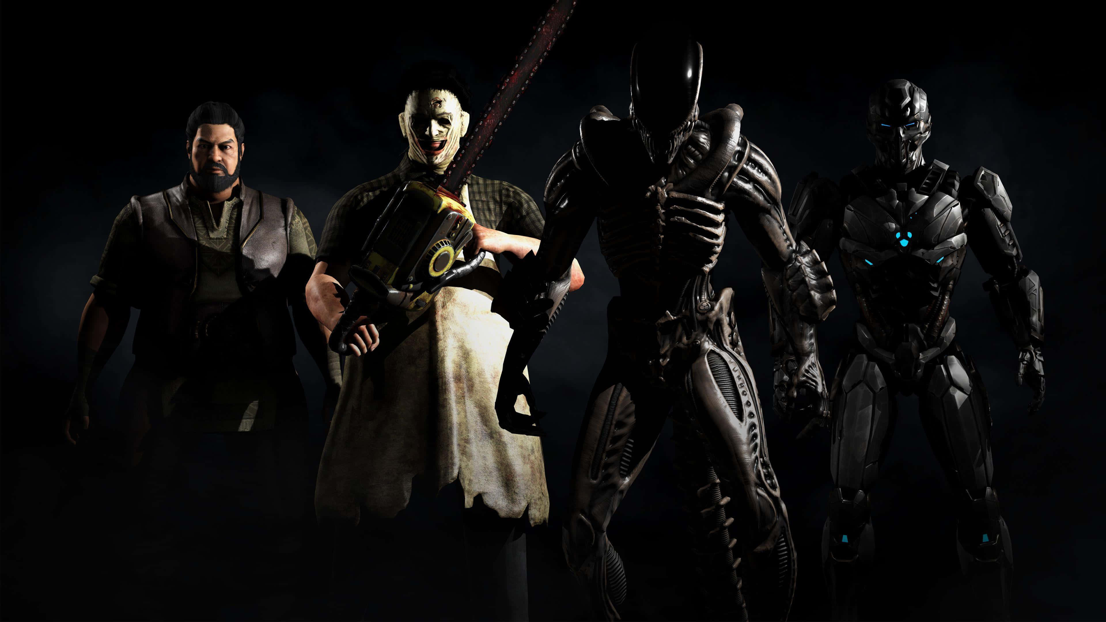 Mortal Kombat X 桌布 壁紙 — 四個威脅性的恐怖角色站在黑暗虛空中，包括一個揮舞電鋸的人物和生物機械怪物。