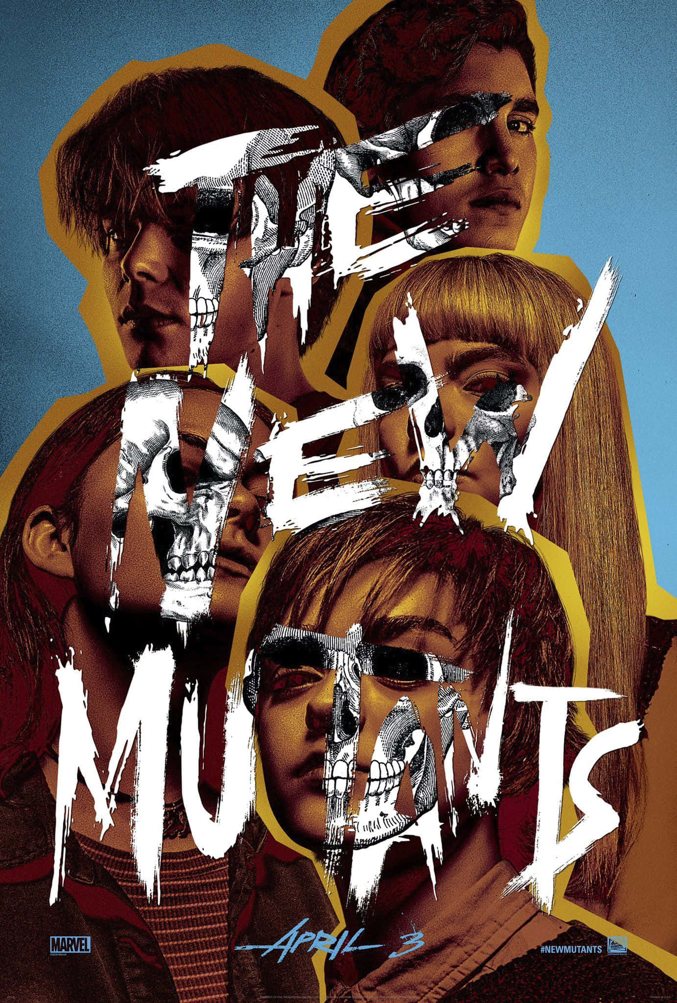 New Mutants 桌布 壁紙 — 四個年輕變種人，臉上覆蓋著骷髏圖案，在藍色和黃色背景下凝視著。