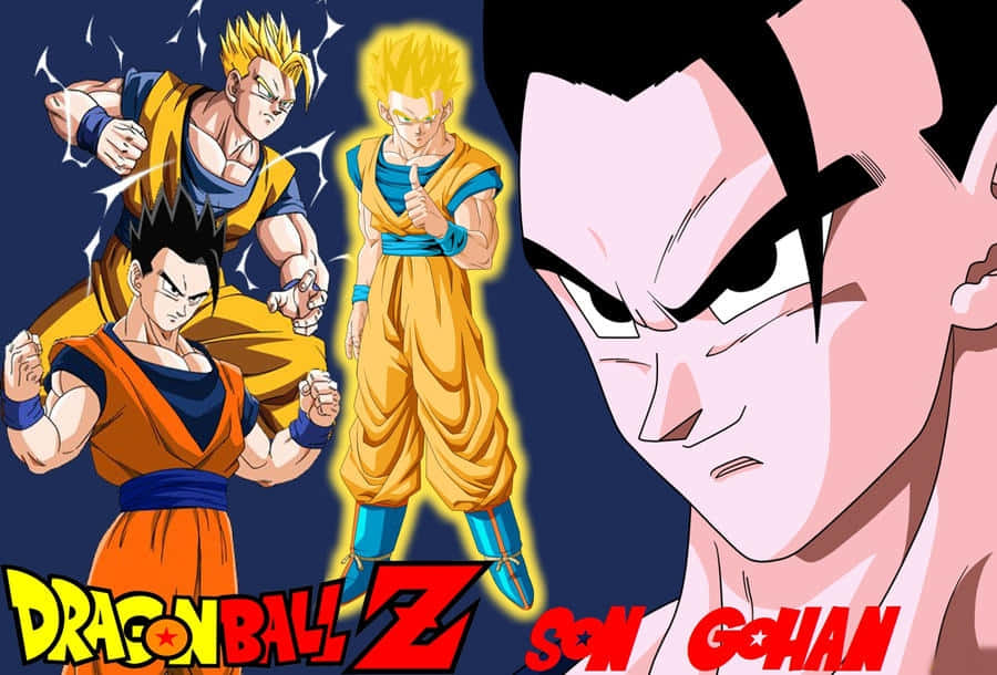 Mystic Gohan 桌布 壁紙 — 四個強大的龍珠Z角色在深藍色背景上以動態姿勢展現，帶有發光效果。