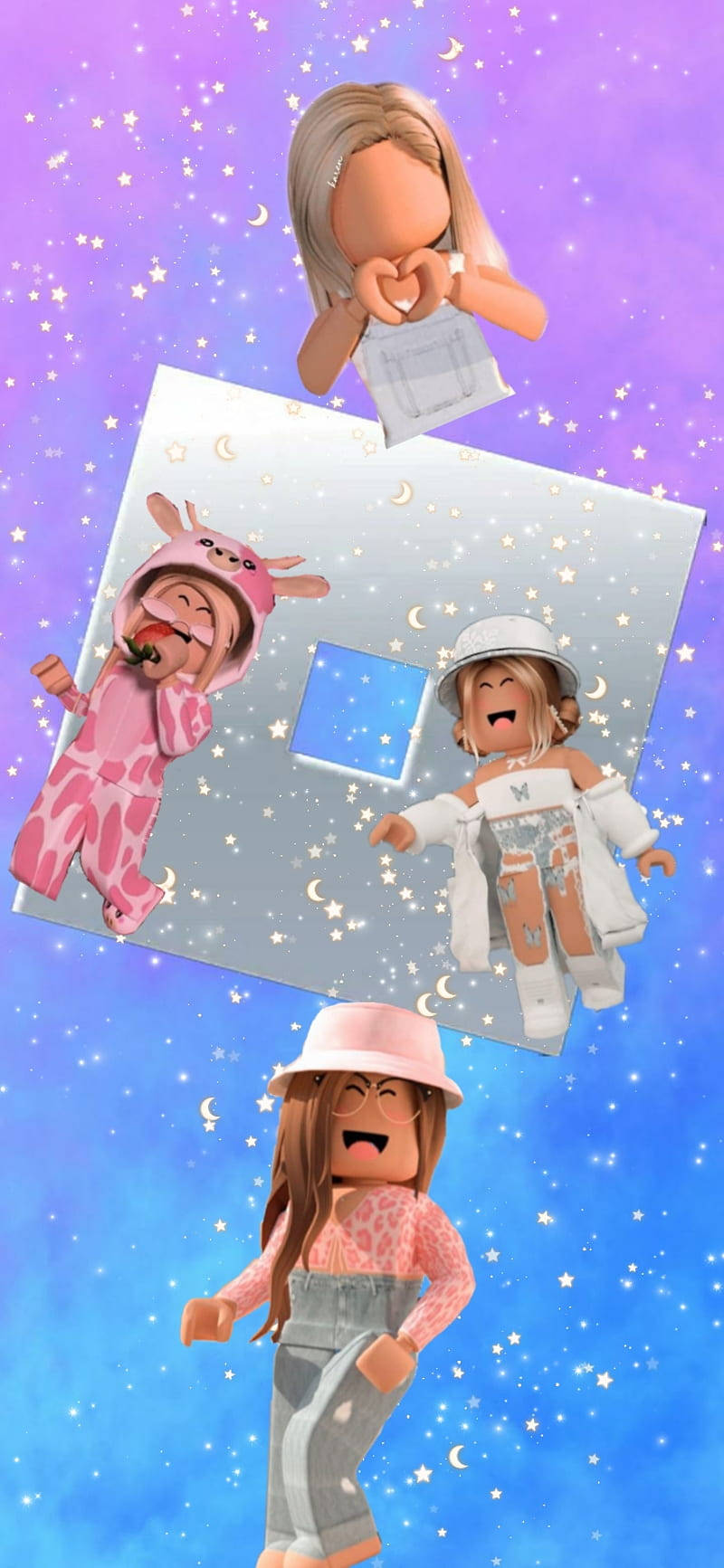 Roblox 桌布 壁紙 — 四個快樂的 Roblox 頭像漂浮在滿天星斗的紫色和藍色天空中，每個都有獨特的服裝和姿勢。