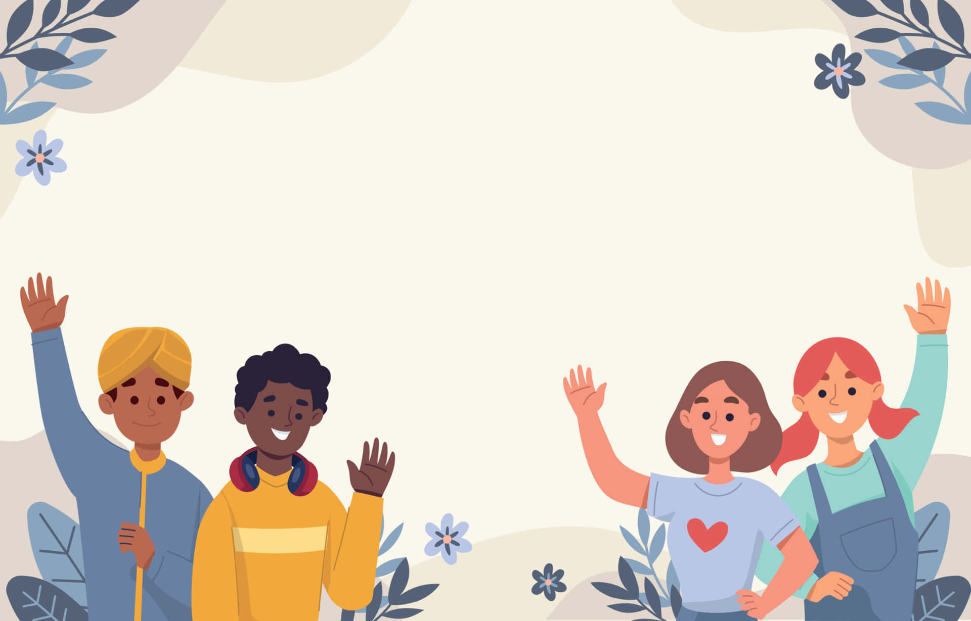 People 桌布 壁紙 — 四個快樂的不同種族兒童在柔和奶油色背景上，從花卉邊框內開心地揮手。