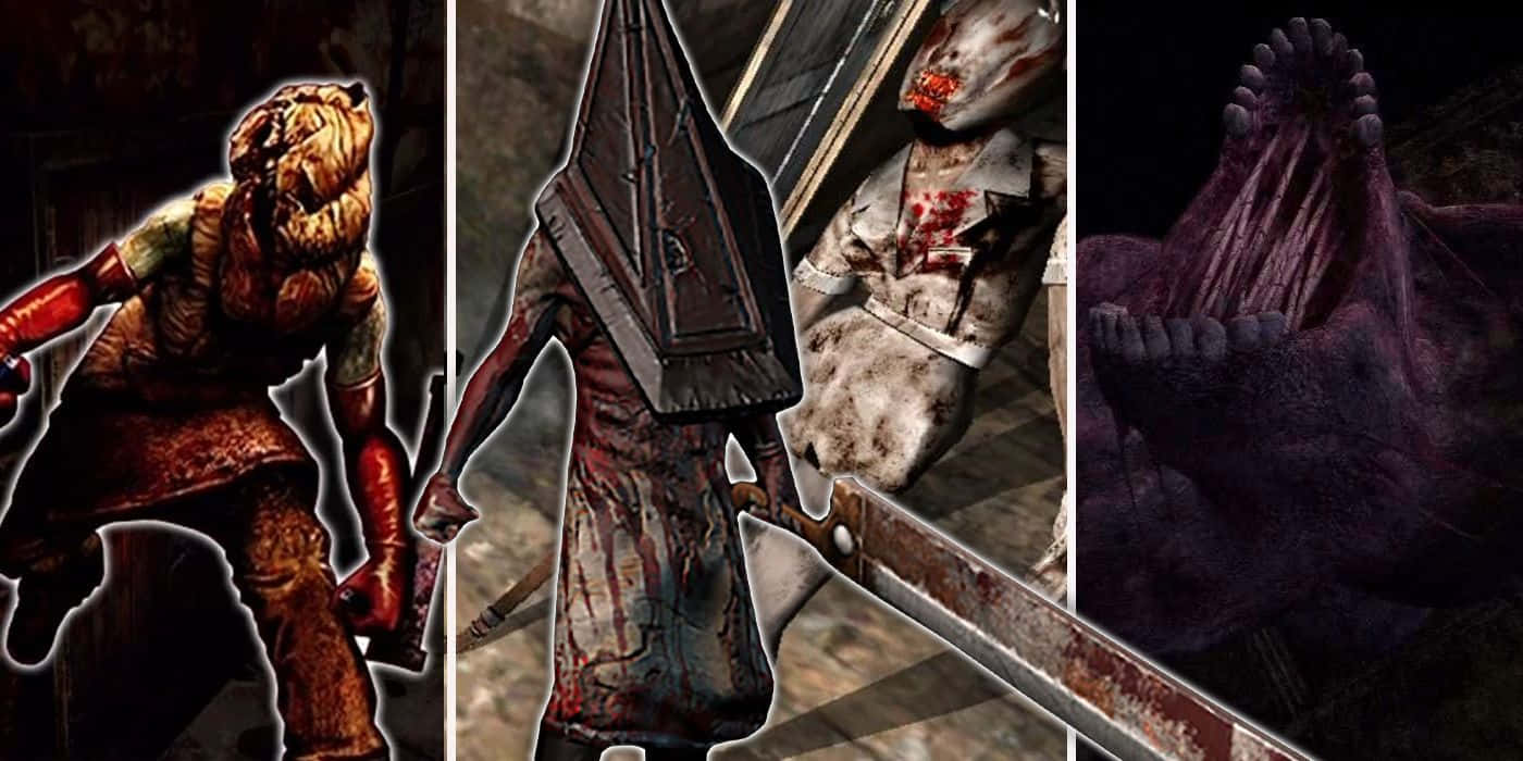 Silent Hill Characters 桌布 壁紙 — 四個恐怖怪物，手持血淋淋的武器，腐爛的肉體，處於黑暗陰森的環境中。