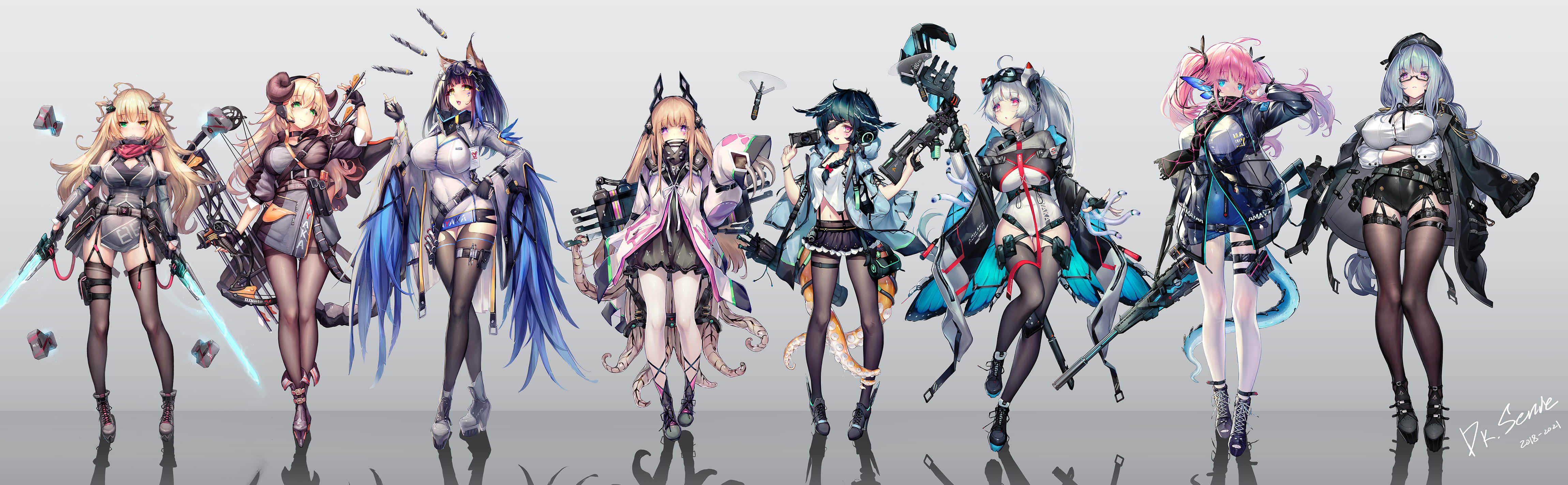 八位動漫女戰士穿著未來裝備手持武器。