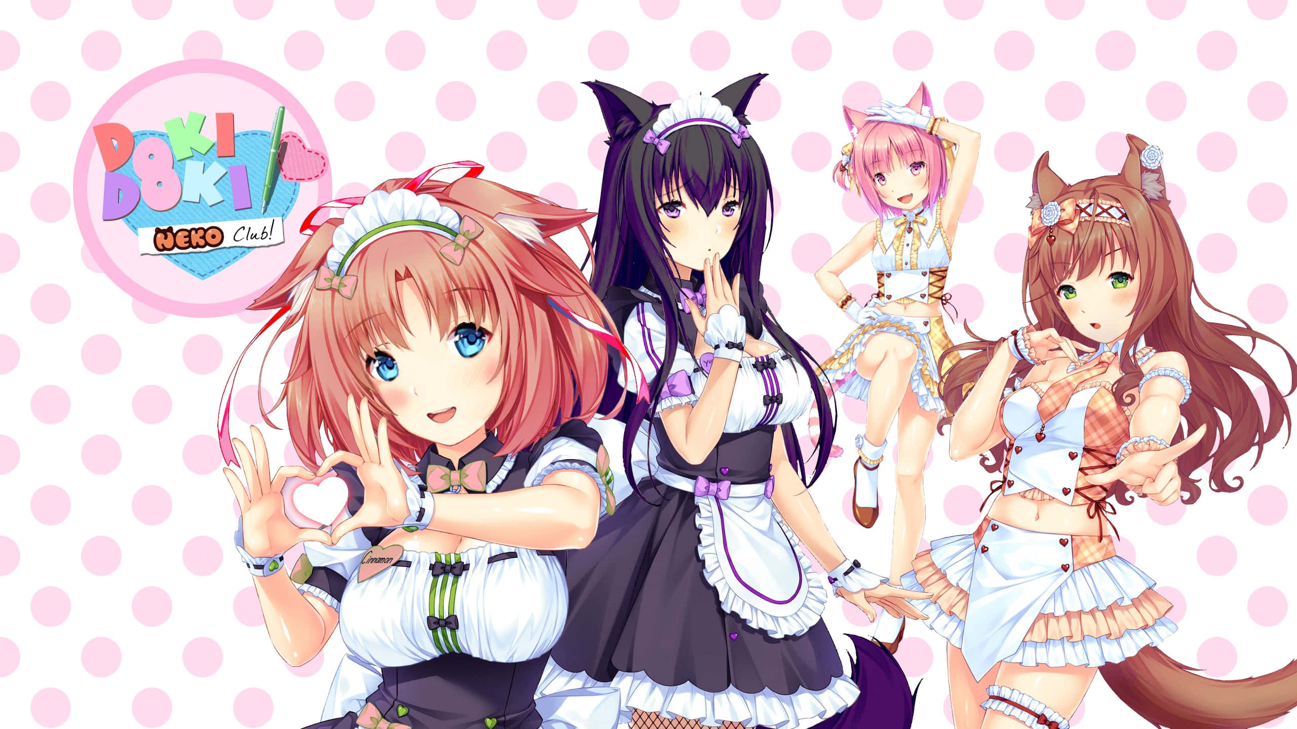 neko 桌布 壁紙 — 四個戴著貓耳、穿著女僕裝的動漫女孩在粉紅色圓點背景前開心地擺姿勢。