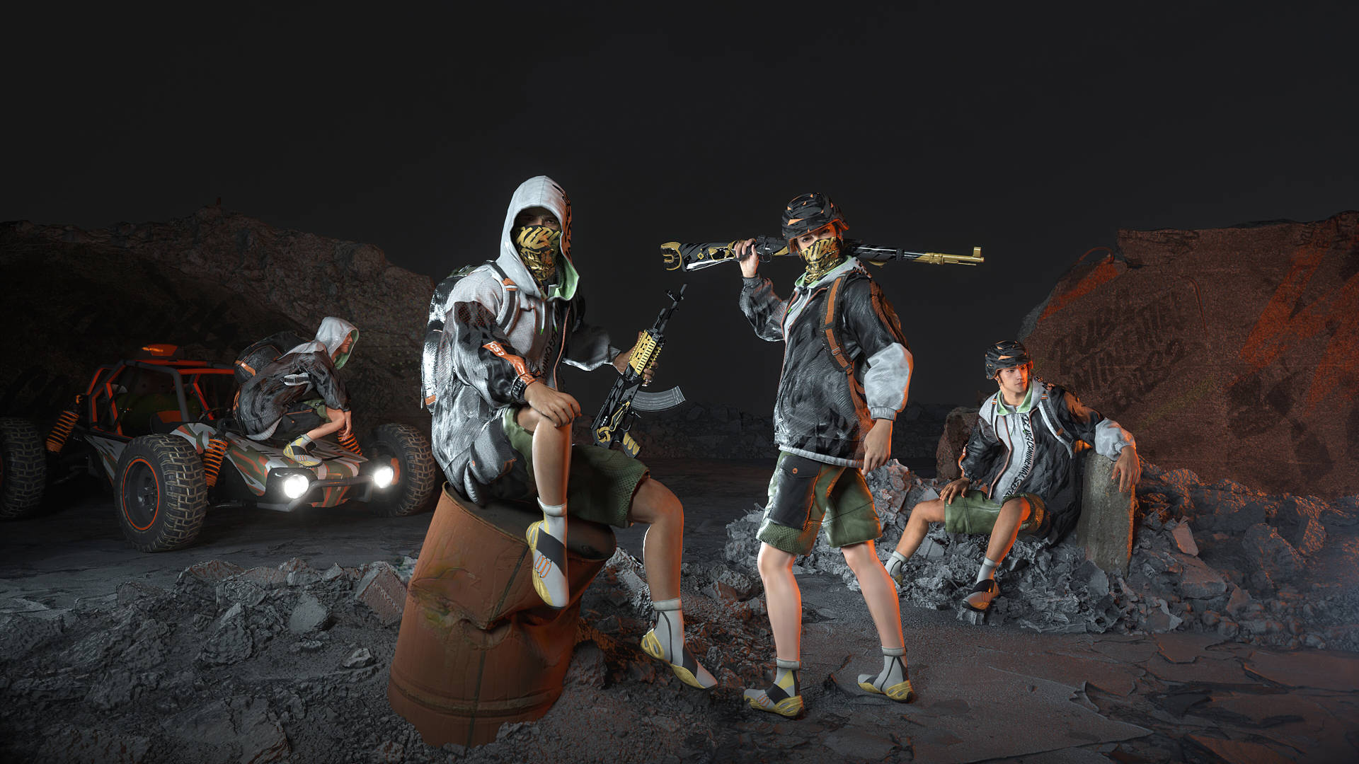 Playerunknown's Battlegrounds 桌布 壁紙 — 四個戴面具嘅人物拎住武器喺夜晚嘅黑暗岩石沙漠入面喺一架沙灘車周圍擺甫士。