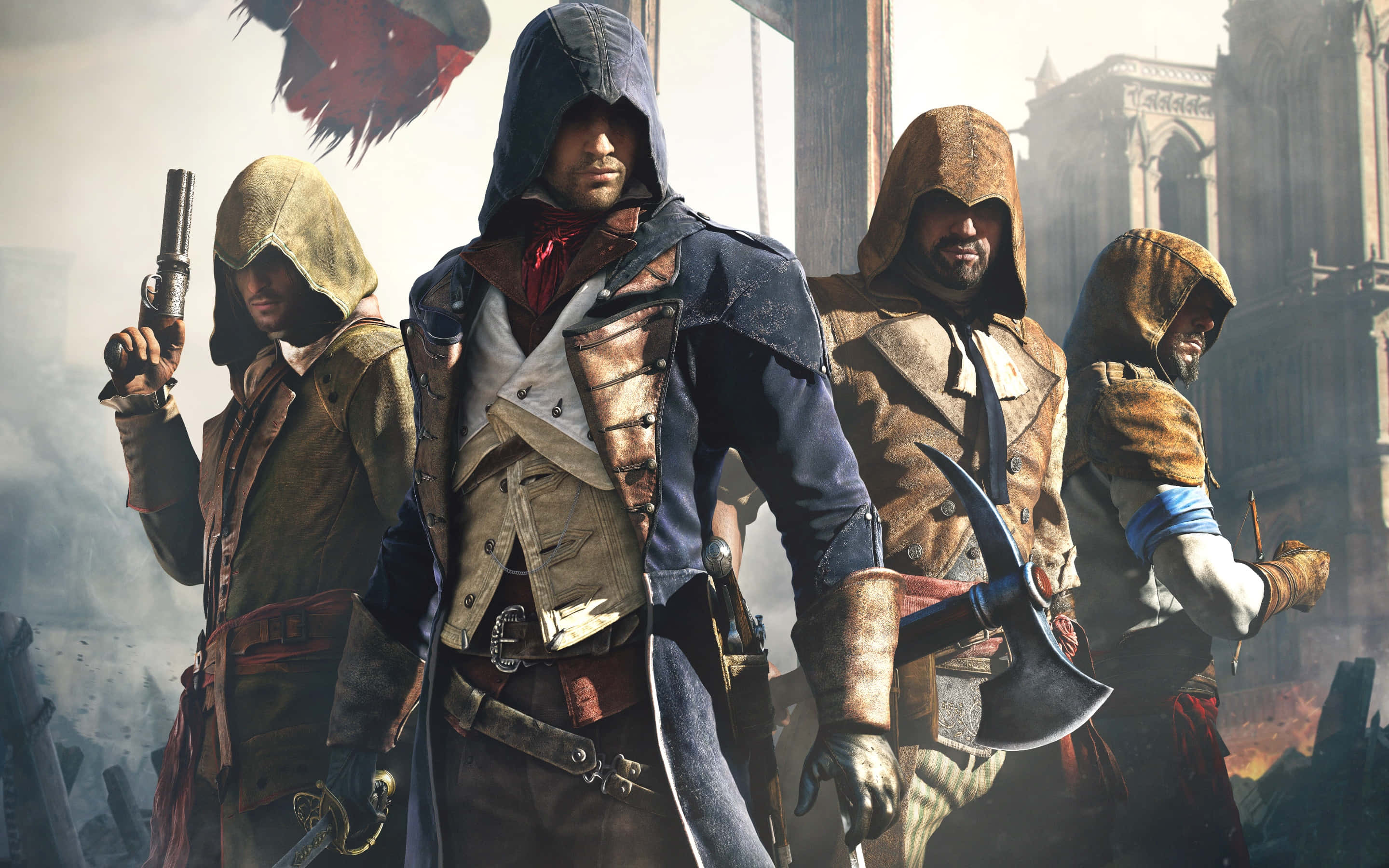 Arno Dorian 桌布 壁紙 — 四個戴頭巾的刺客在煙霧瀰漫的城市廢墟中手持武器，在戲劇性的燈光下準備就緒。