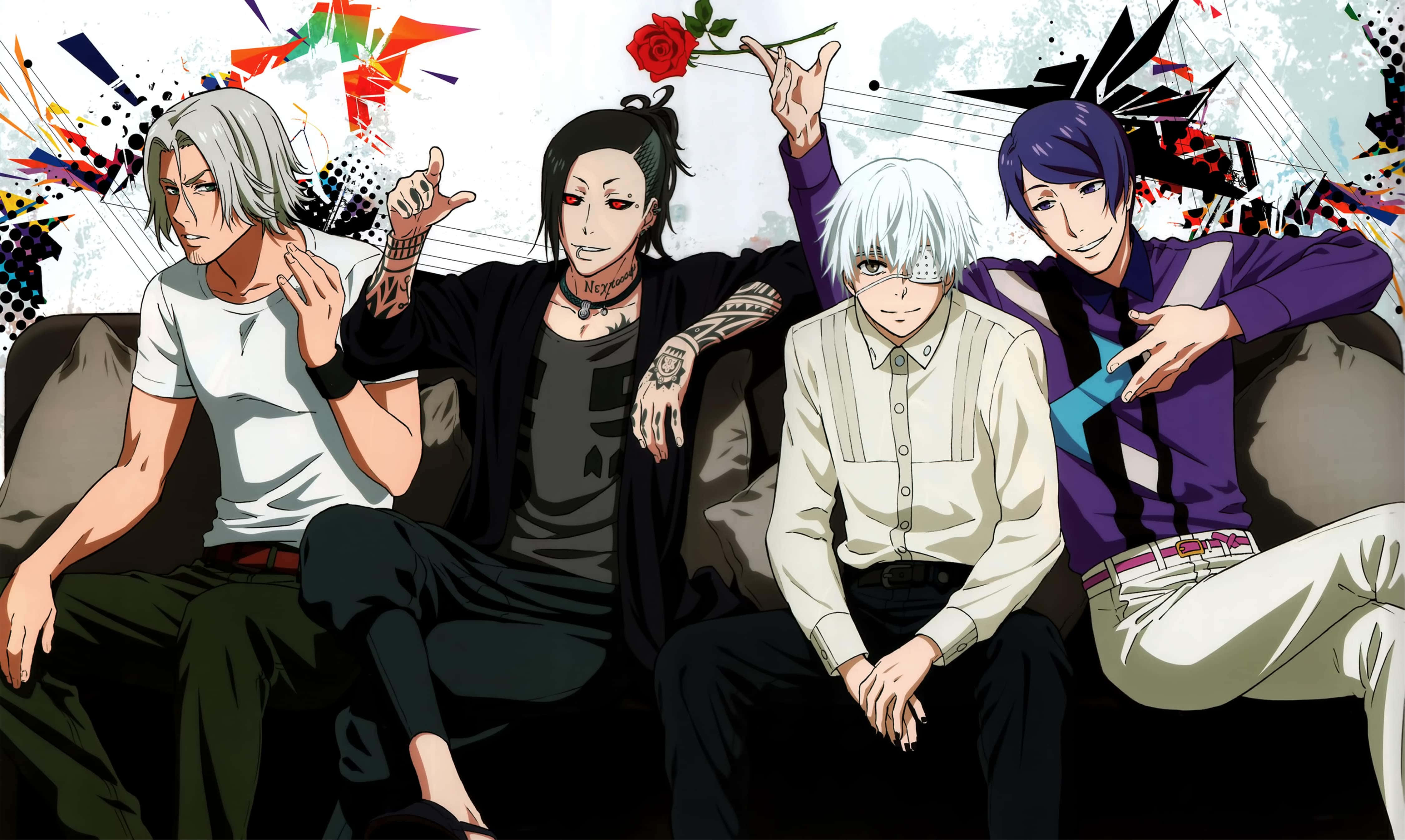 Tokyo Ghoul Uta 桌布 壁紙 — 四個擁有不同髮型和紋身的動漫角色在塗鴉風格背景的沙發上自信地擺姿勢。