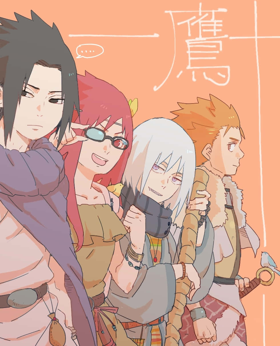 Team Taka Naruto 桌布 壁紙 — 四個擁有不同髮色和服裝的動漫角色，在帶有日本書法的溫暖蜜桃色背景前站在一起。
