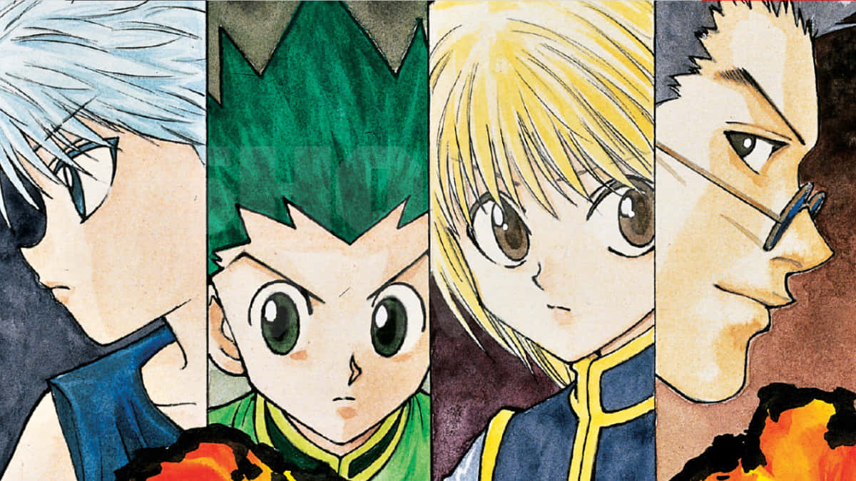 Shonen Anime 桌布 壁紙 — 四個擁有不同髮色和表情的動漫角色，以側面輪廓展示在紋理背景前。