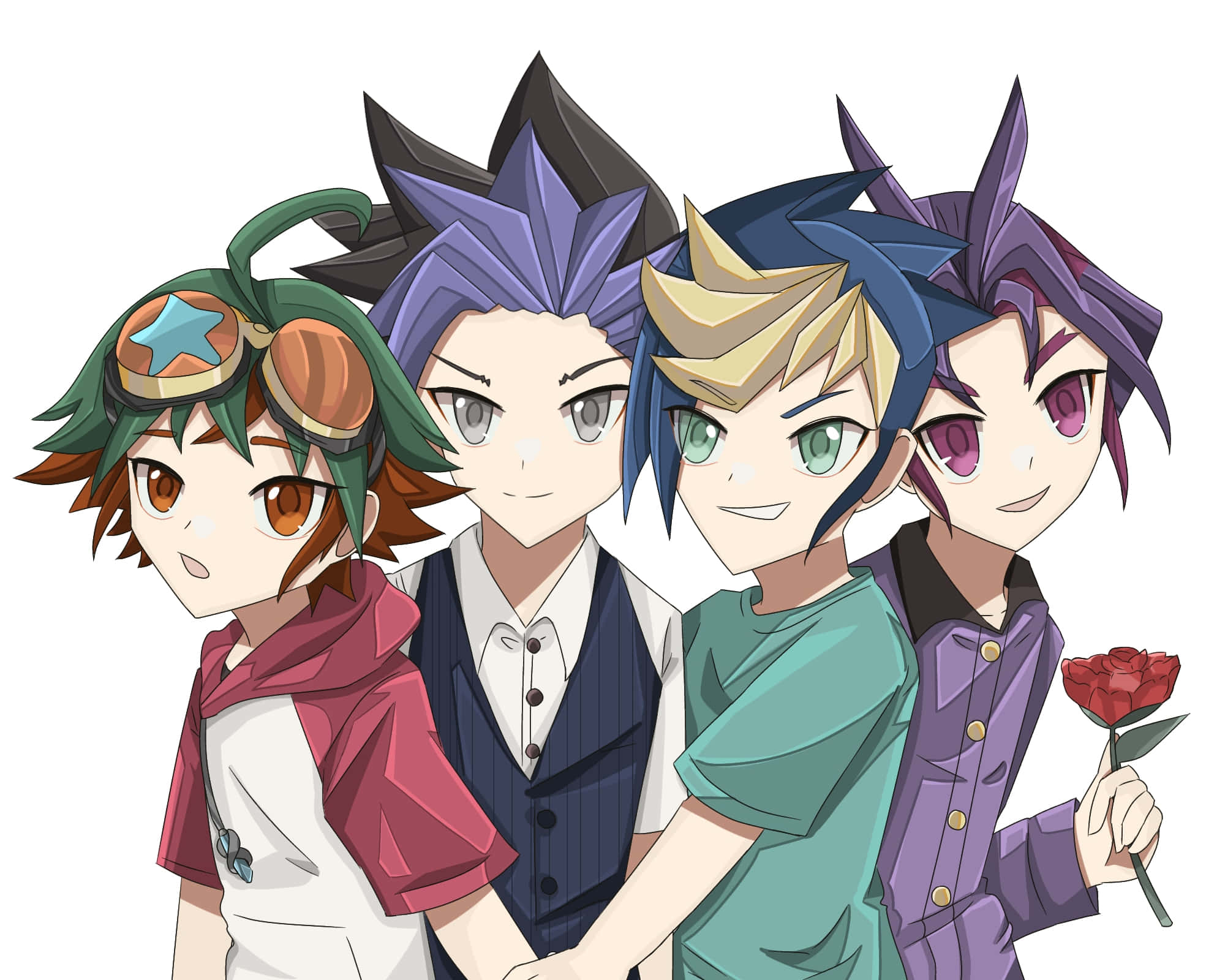 Yu-gi-oh Yugo 桌布 壁紙 — 四個擁有色彩繽紛尖刺頭髮的動漫角色一起擺姿勢，其中一個在純白色背景前拿著一朵紅玫瑰。