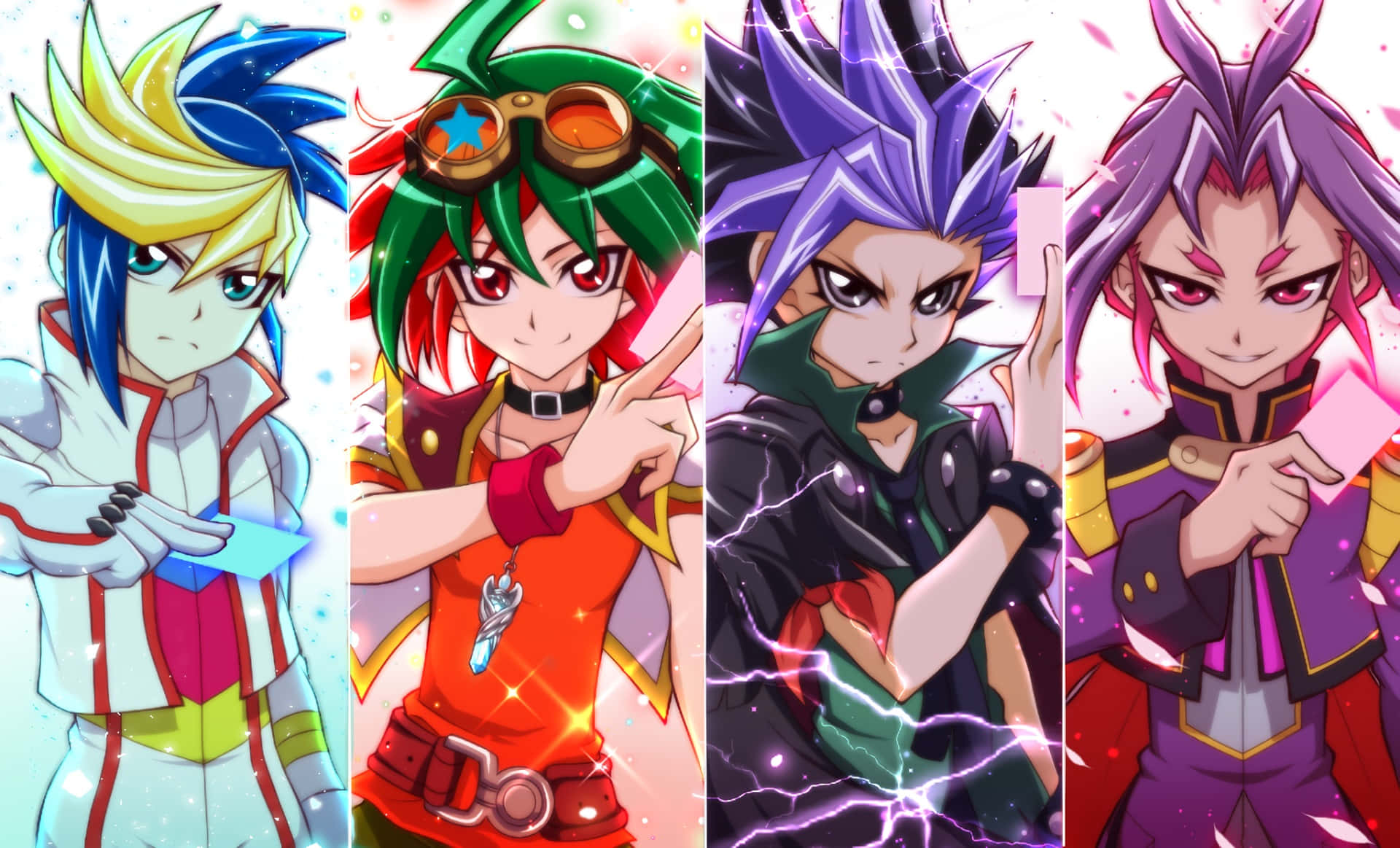 Yu-gi-oh Yugo 桌布 壁紙 — 四個擁有鮮豔髮色和動態姿勢的動漫角色，在閃爍的背景前手持發光卡片。