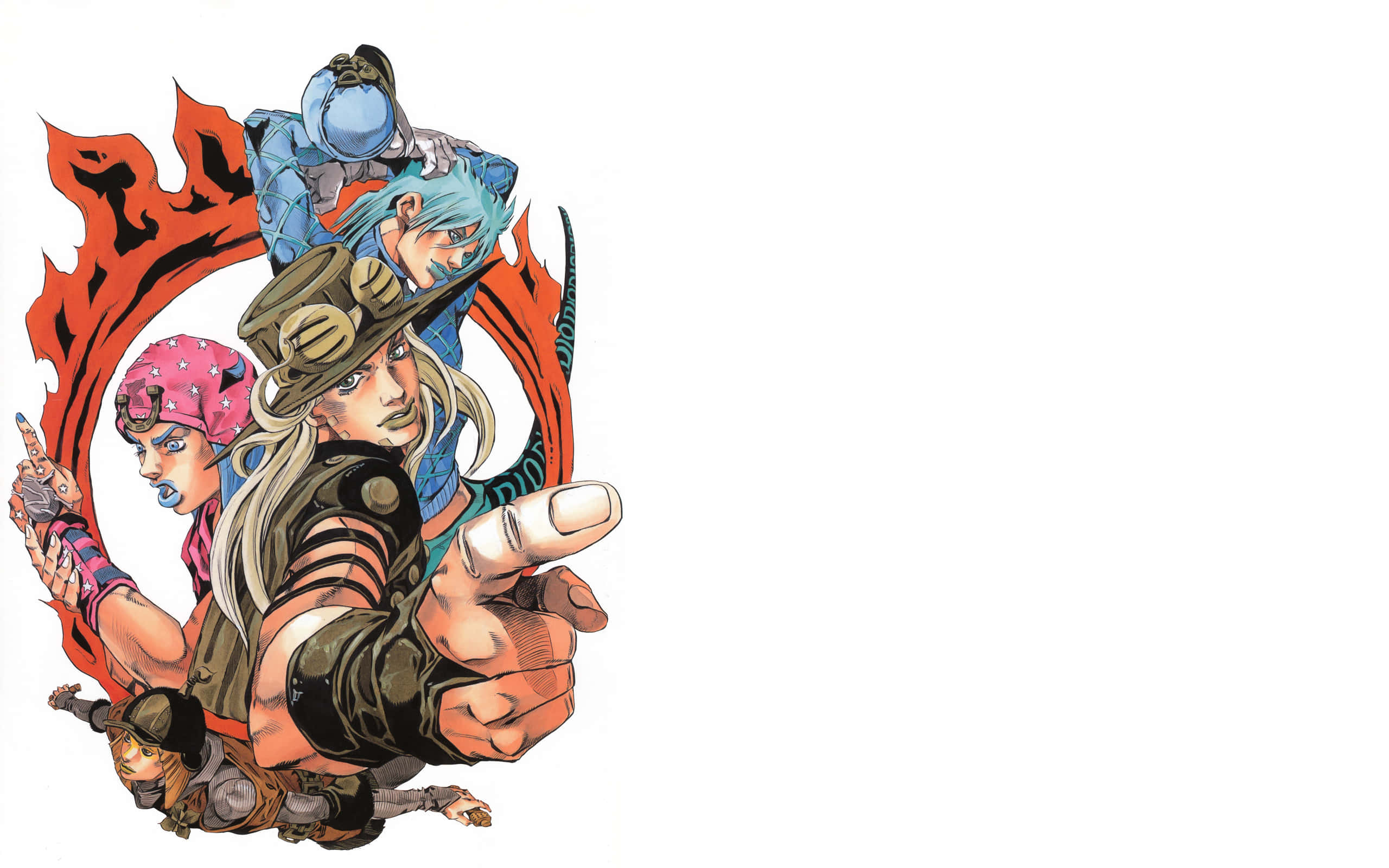Jojo Steel Ball Run 桌布 壁紙 — 四個擁有鮮豔髮色和大膽服裝的動漫角色，在火橙色背景前動感擺姿勢。