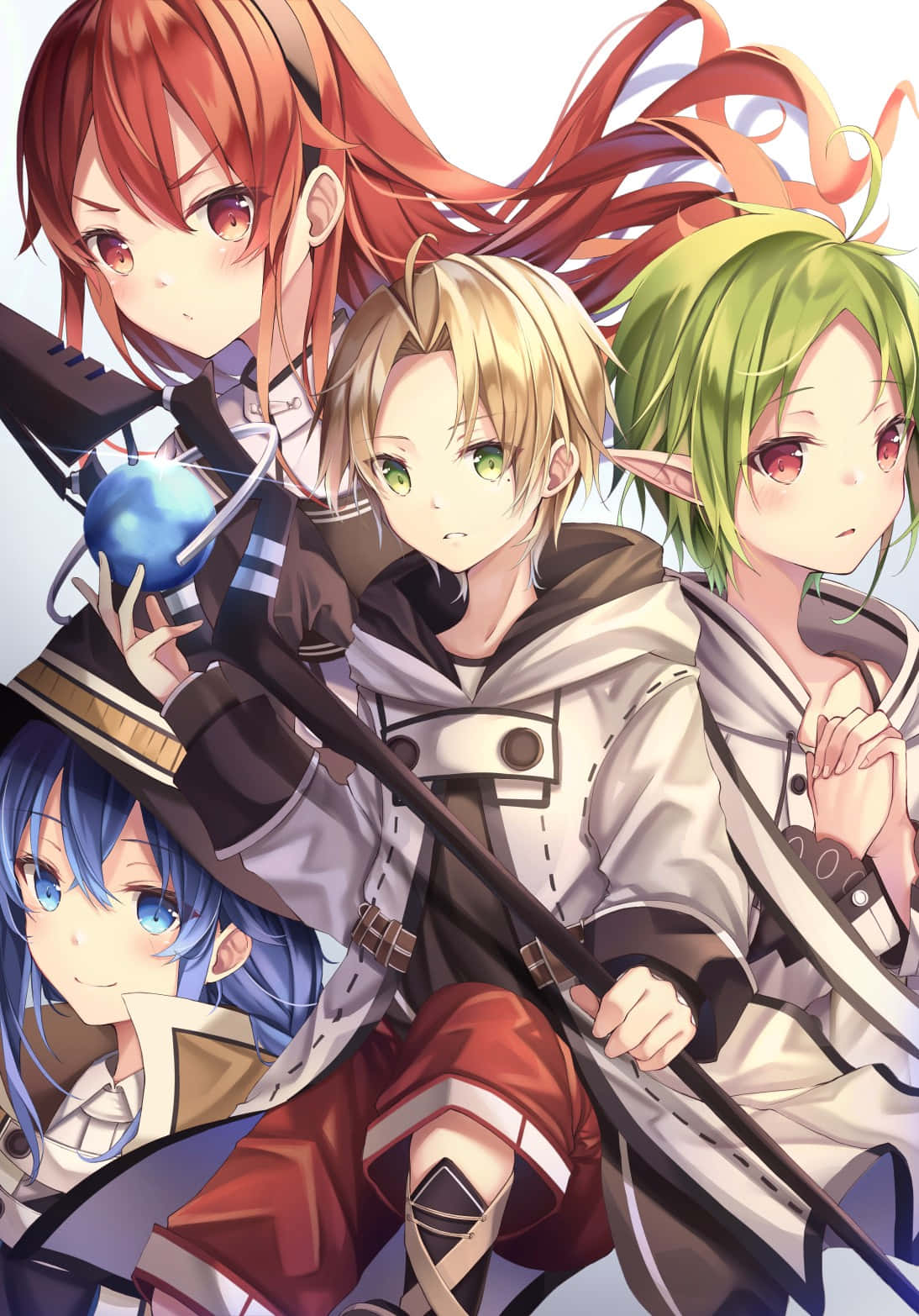 Mushoku Tensei 桌布 壁紙 — 四個擁有鮮豔髮色和奇幻服裝的動漫角色，在柔和的漸變背景前動態擺姿勢。