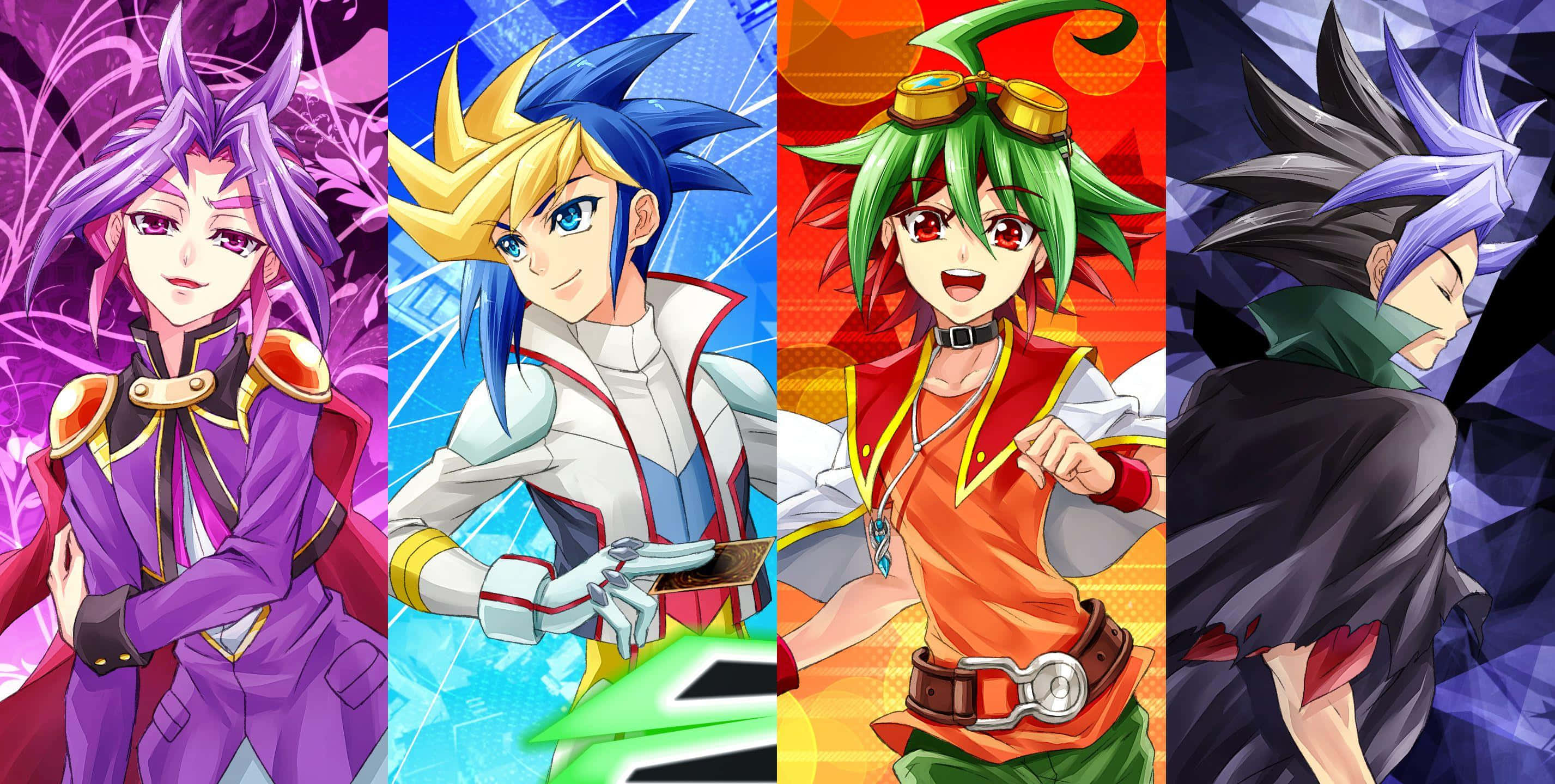 Yu-gi-oh Yugo 桌布 壁紙 — 四個擁有鮮豔髮色和色彩繽紛服裝的動漫角色，在風格化的背景前動態擺姿勢。