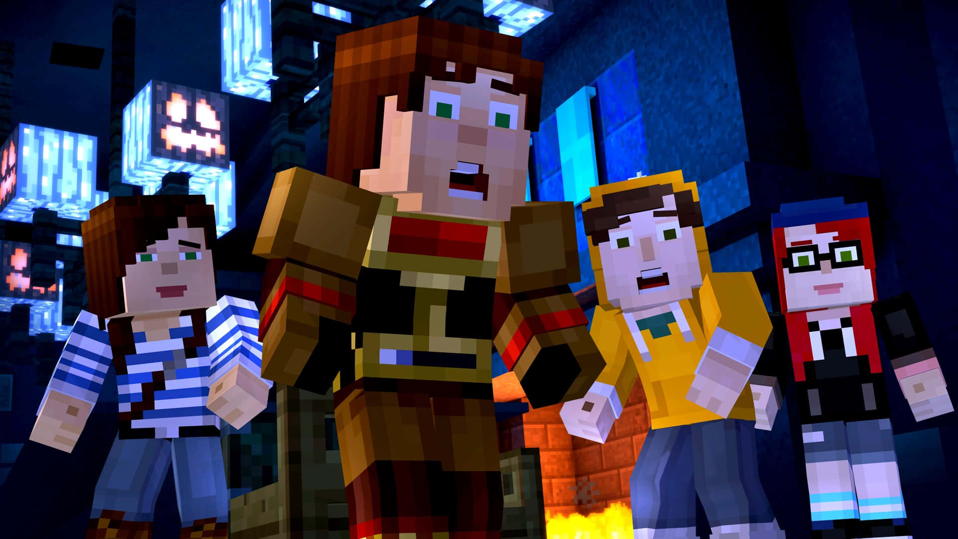 Minecraft Story Mode 桌布 壁紙 — 四個方塊狀Minecraft風格角色站在一條黑暗的城市小巷中，被藍色發光標誌和溫暖的火光照亮。
