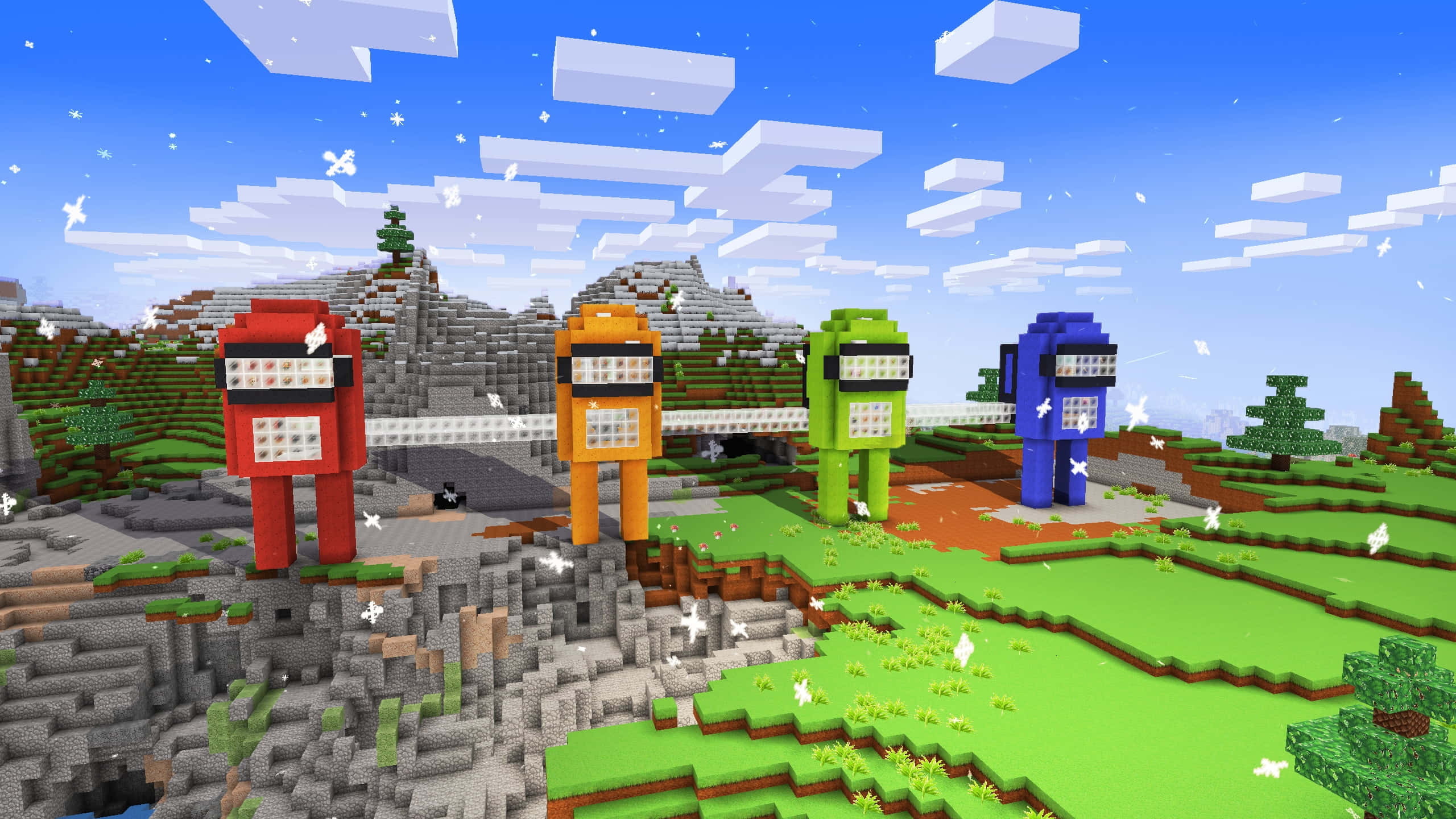 Minecraft Adventure 桌布 壁紙 — 四個方塊狀的Among Us角色站在Minecraft風格嘅風景中，有綠色山丘同漂浮嘅雲。