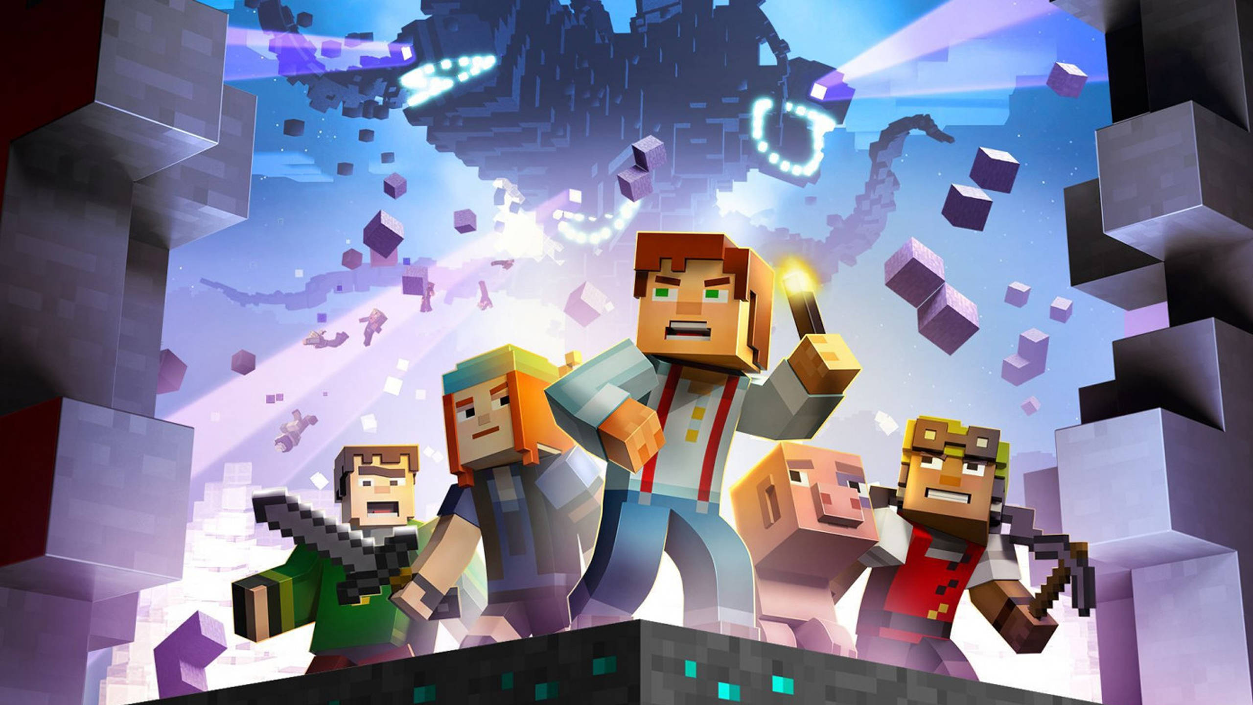 Minecraft HD 桌布 壁紙 — 四個方塊狀的Minecraft角色英勇地站在懸崖邊緣，發光的粒子和漂浮的立方體在他們周圍爆炸，背景是宇宙天空。