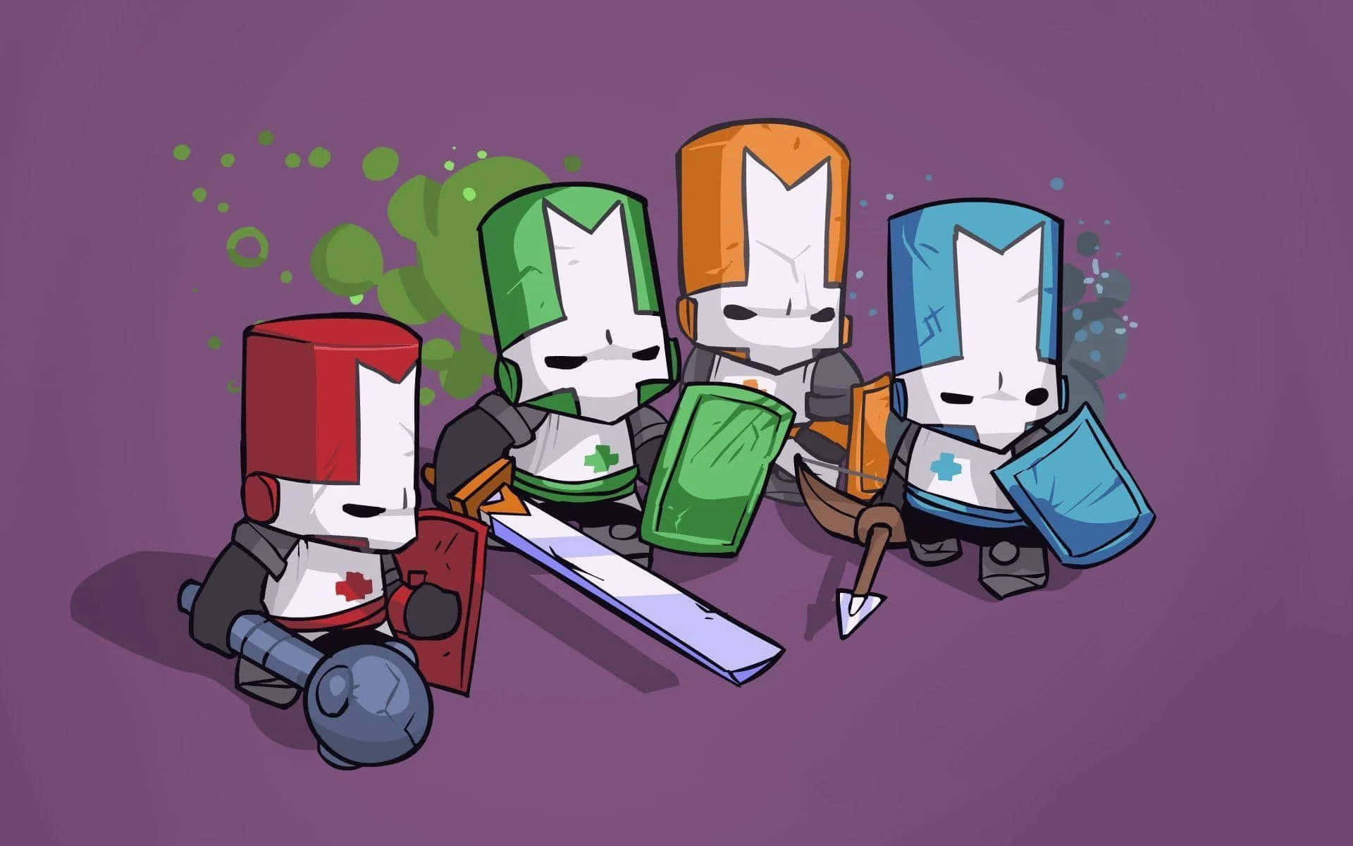 Cartoon Games 桌布 壁紙 — 四個方塊頭騎士，身穿紅、綠、橙、藍色盔甲，手持盾牌和武器，站在紫色背景前。