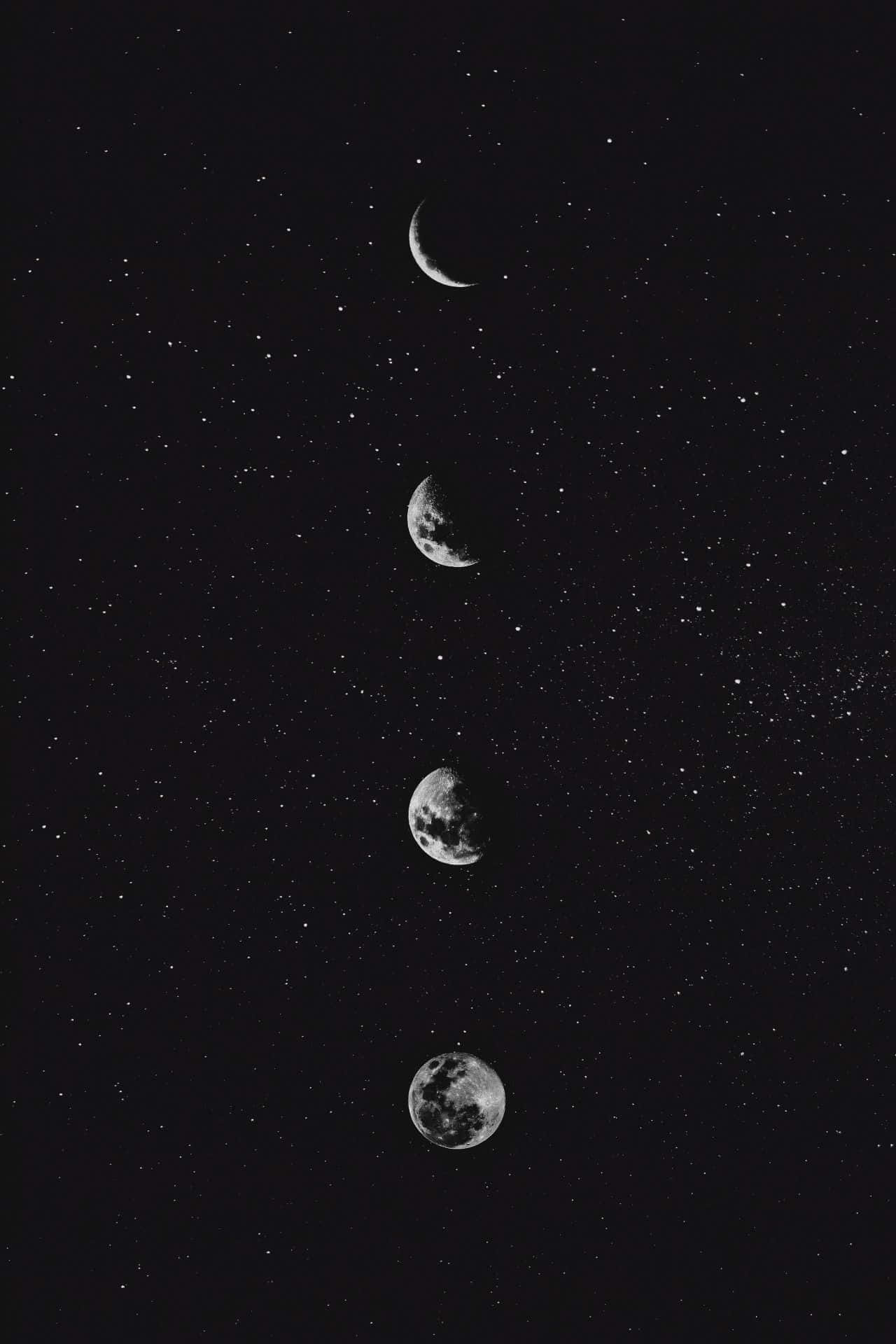 Moon Phases 桌布 壁紙 — 四個月亮相位垂直排列，背景係繁星夜空，單色調。