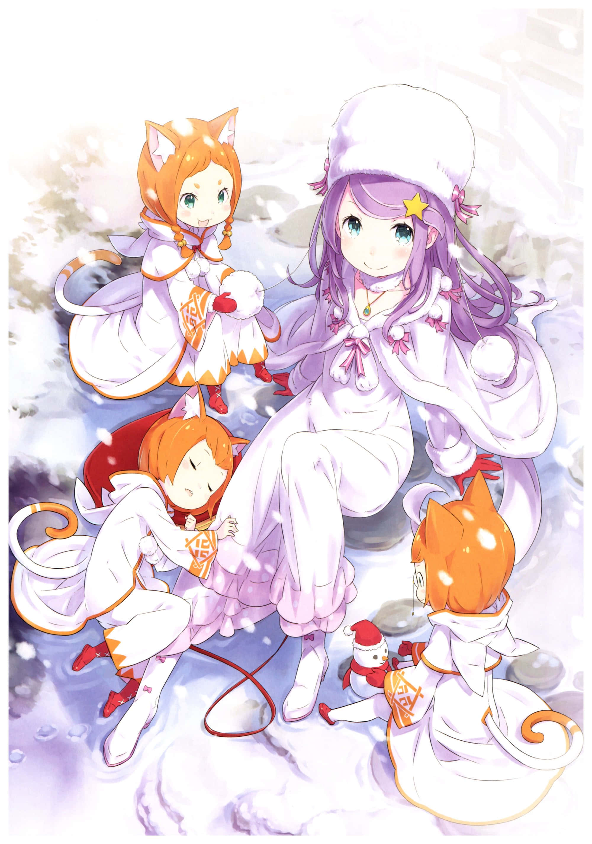 Mimi Pearlbaton 桌布 壁紙 — 四個有狐狸耳朵的動漫女孩，穿著白色冬季服裝，在柔和的燈光下，在雪景中輕輕玩耍。