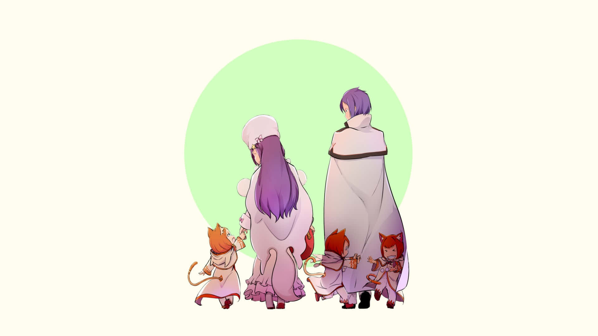 Anastasia Hoshin 桌布 壁紙 — 四個有貓耳和貓尾的動漫角色在柔和的綠色背景前圍成一圈站在一起。