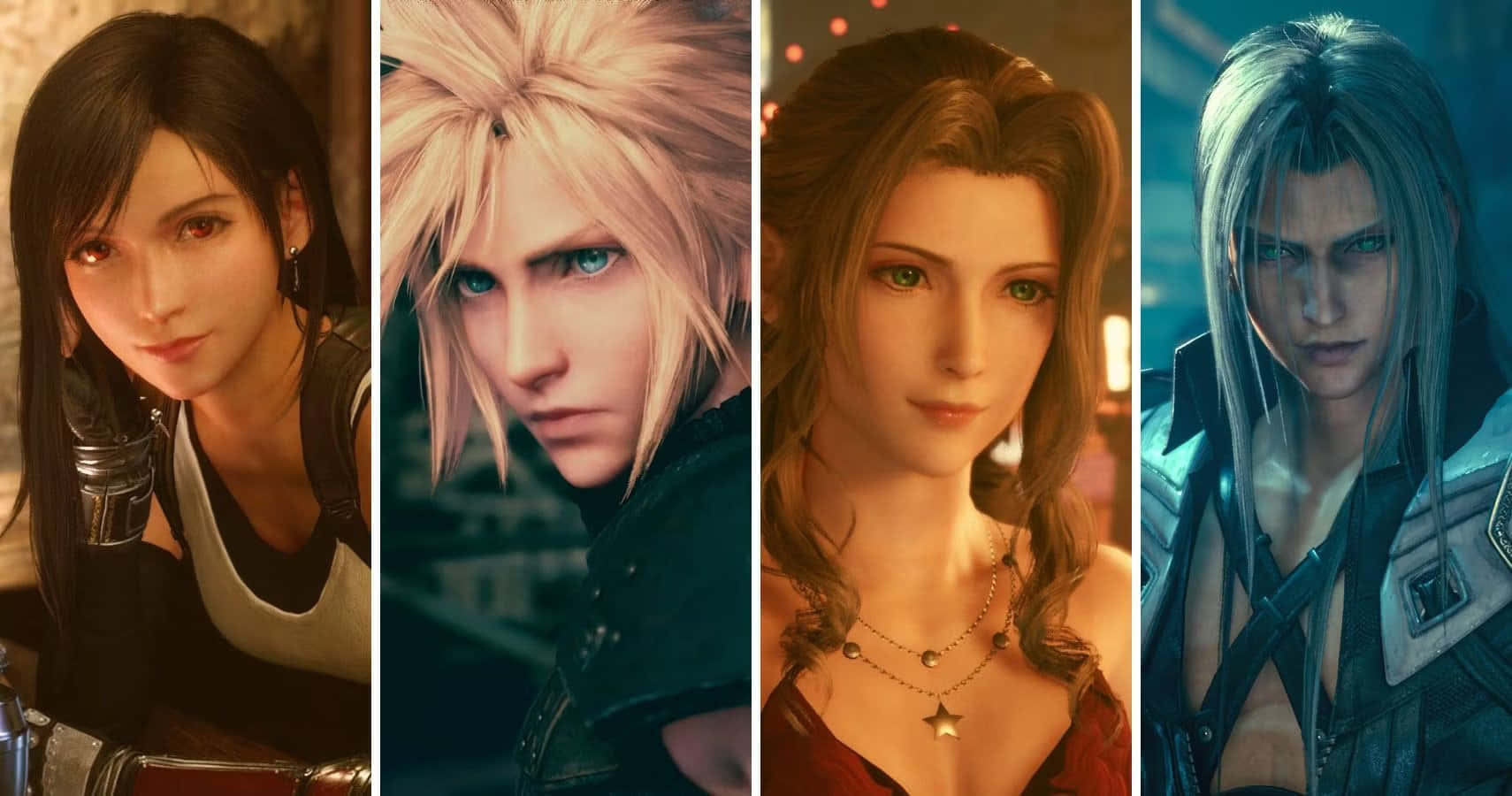 Final Fantasy Characters 桌布 壁紙 — 四個標誌性的 Final Fantasy VII 角色以電影特寫鏡頭呈現，搭配戲劇性燈光與細緻紋理。