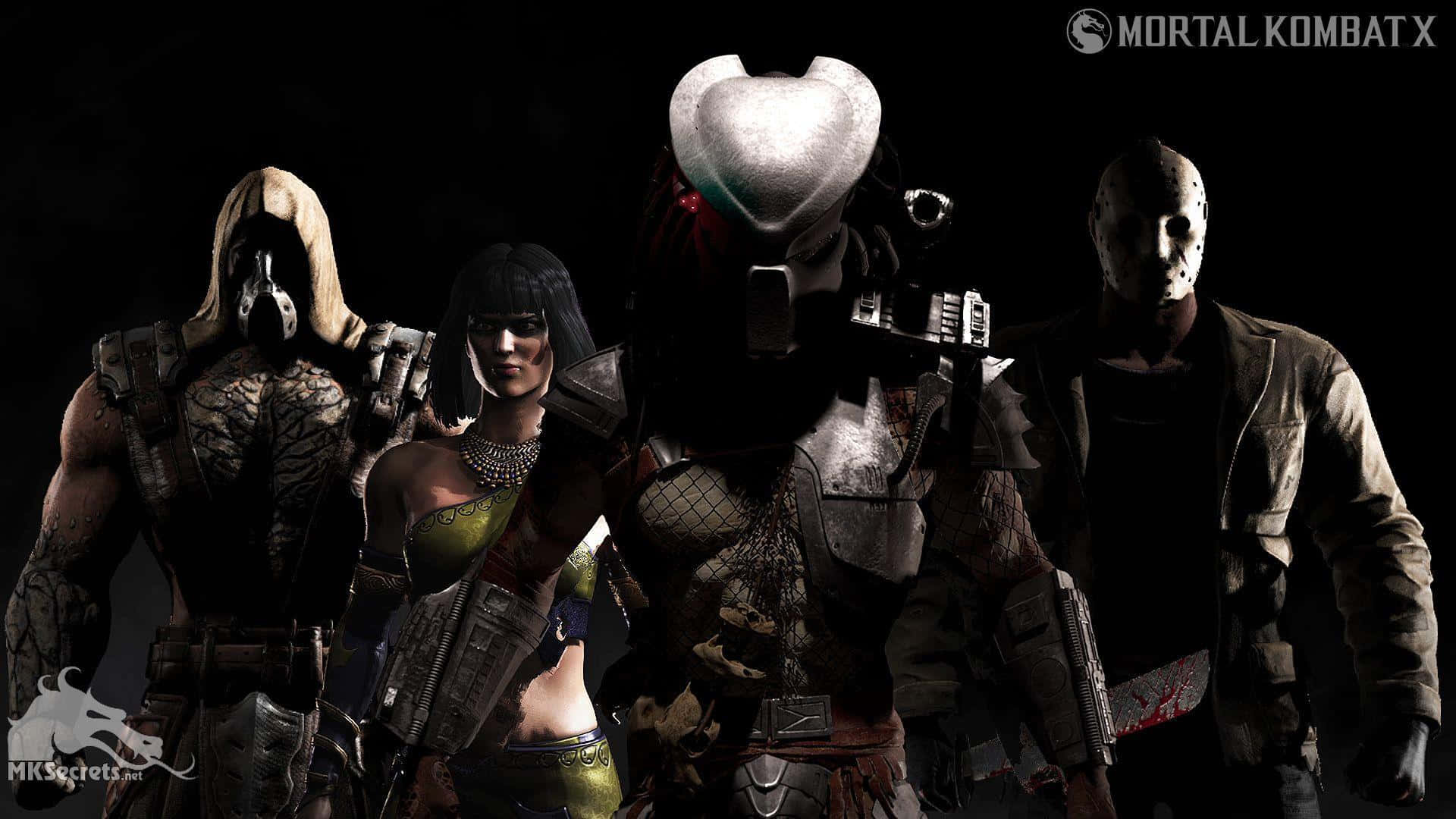 Mortal Kombat X 桌布 壁紙 — 四個標誌性的真人快打角色在黑暗陰影中威嚴地站立，他們精細的盔甲和面具在戲劇性燈光下閃耀。