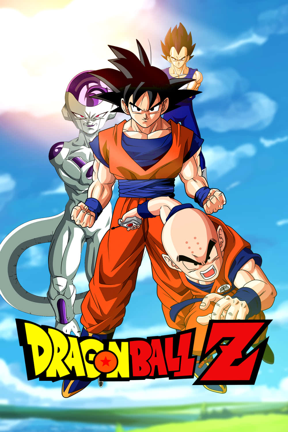 Dbz Movies 桌布 壁紙 — 四個標誌性的龍珠Z角色在藍天白雲和下方綠色田野的背景下動態擺姿勢。
