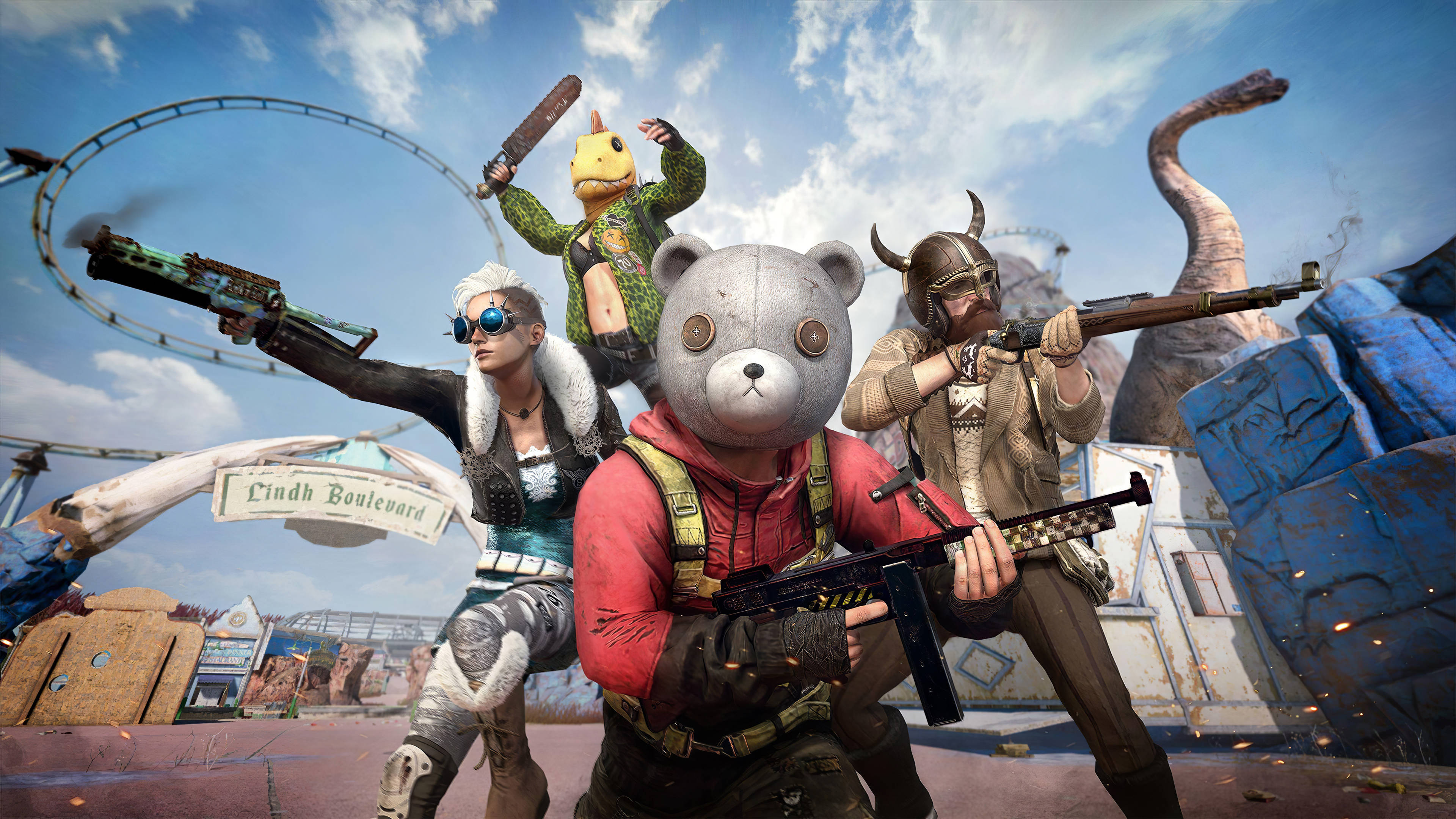 PUBG 桌布 壁紙 — 四個武裝角色在一個後末日場景中，有一隻巨型恐龍和一個「Cindh Boulevard」標誌，在明亮的天空下。