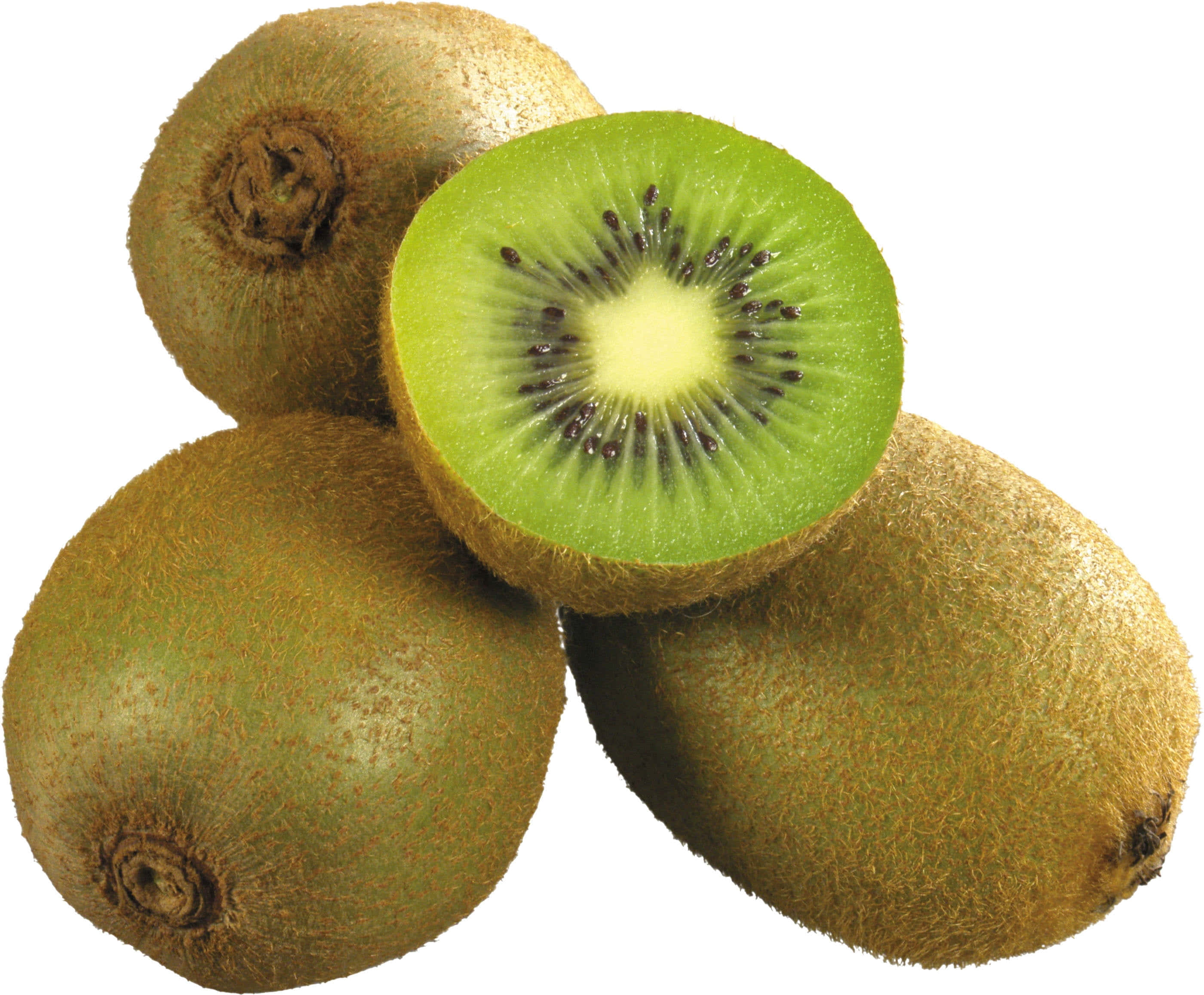 Kiwi 桌布 壁紙 — 四個毛茸茸的棕色奇異果，其中一個切開，露出鮮綠色果肉和黑色種子。