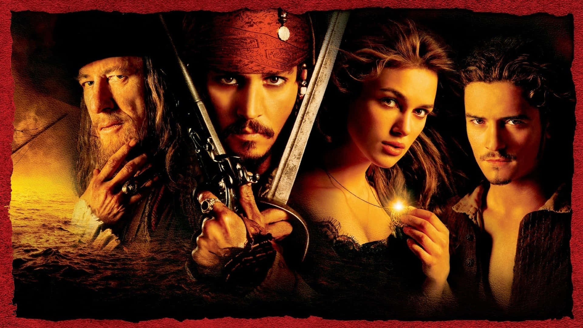 Pirates Of The Caribbean 桌布 壁紙 — 四個海盜手持劍和發光指南針，站在熾熱的日落背景下。