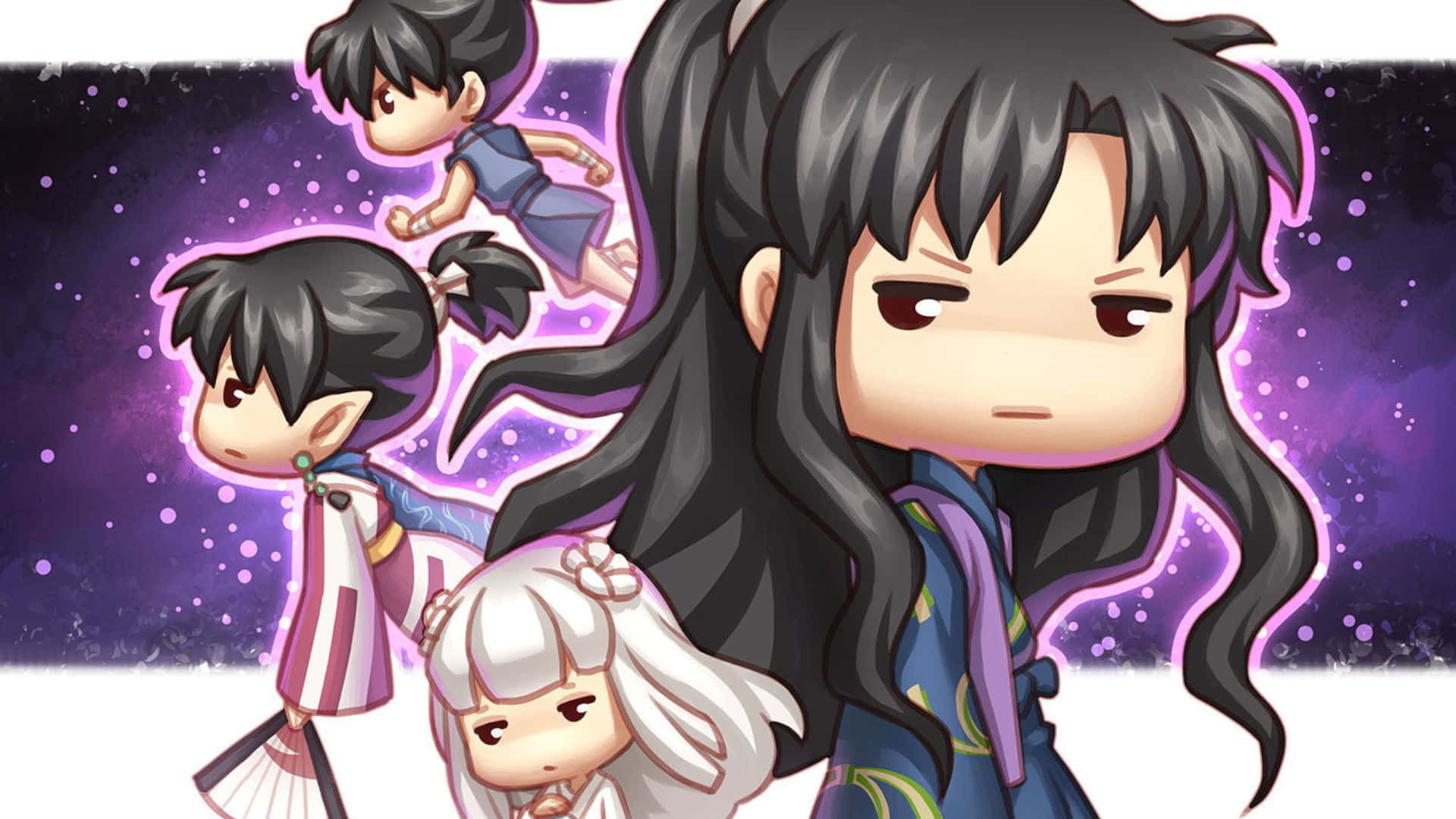 Naraku 桌布 壁紙 — 四個深色和白色頭髮的Q版動漫角色漂浮在閃爍的紫色宇宙背景上。