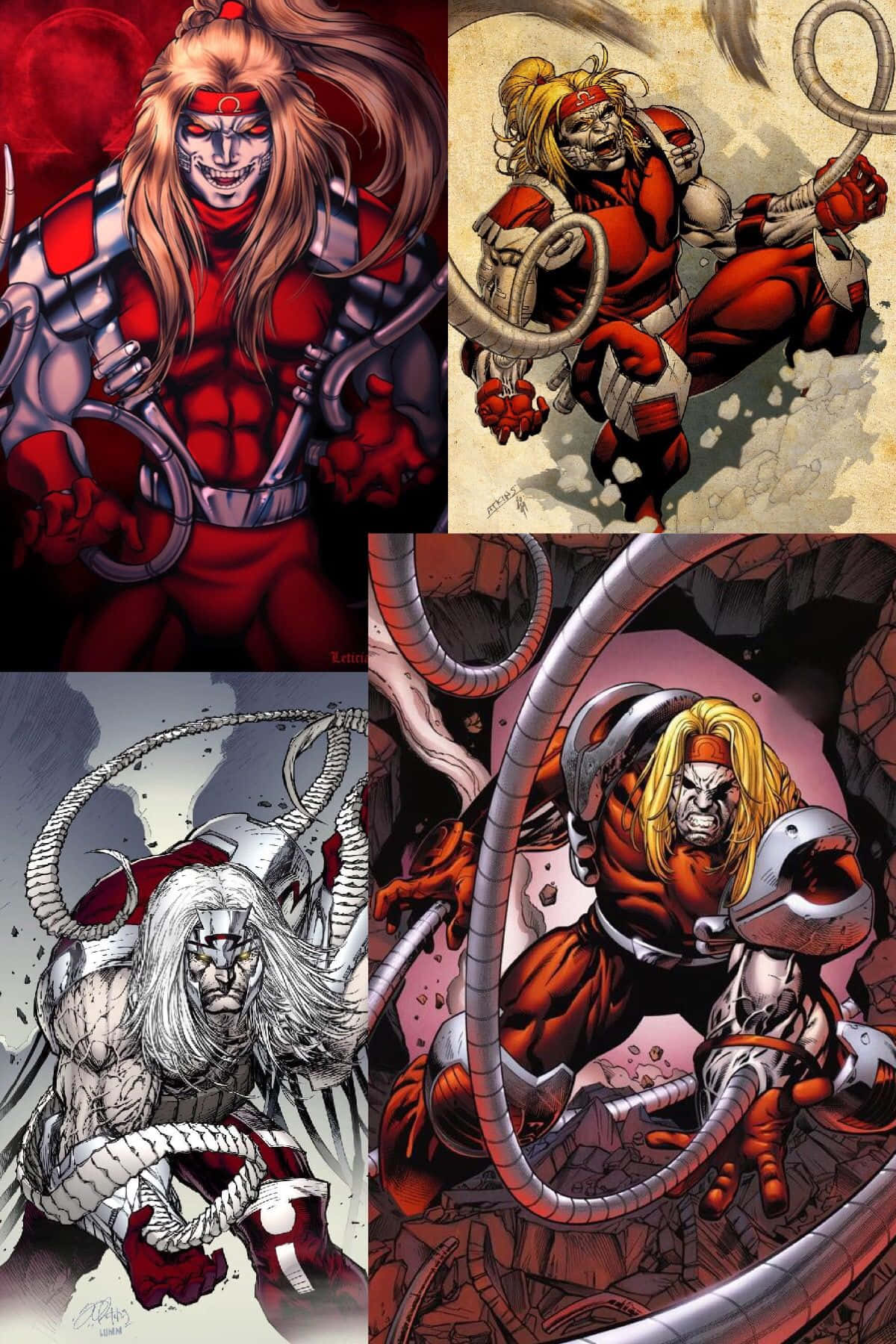 Omega Red 桌布 壁紙 — 四個漫畫格描繪一個肌肉發達、身穿紅色戰衣、長髮及機械觸手的戰士，擺出動態戰鬥姿勢。