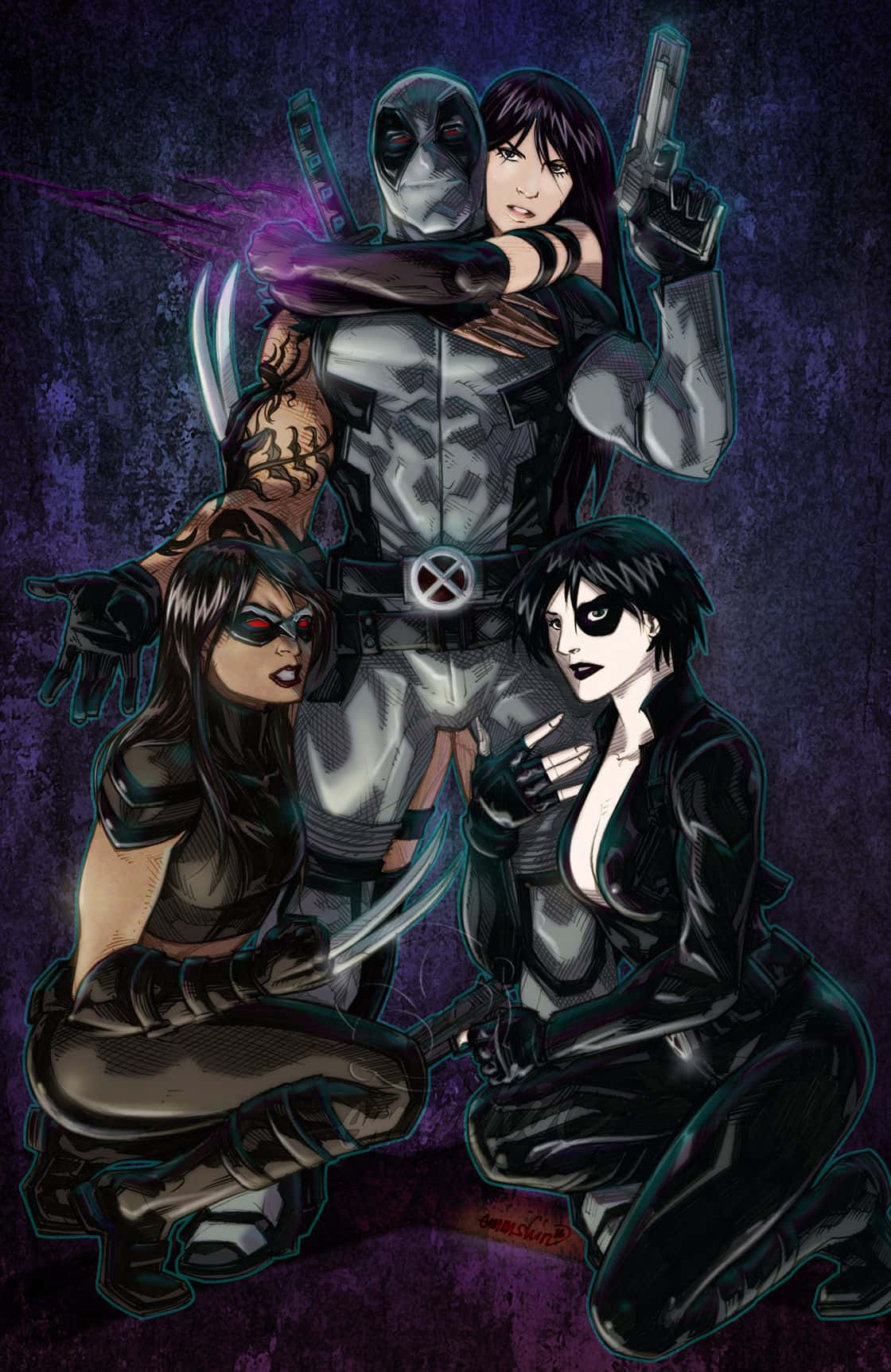 Deadpool And Domino 桌布 壁紙 — 四個漫畫角色身穿深色戰術裝備，在帶有紋理的紫色背景前動態擺姿勢。