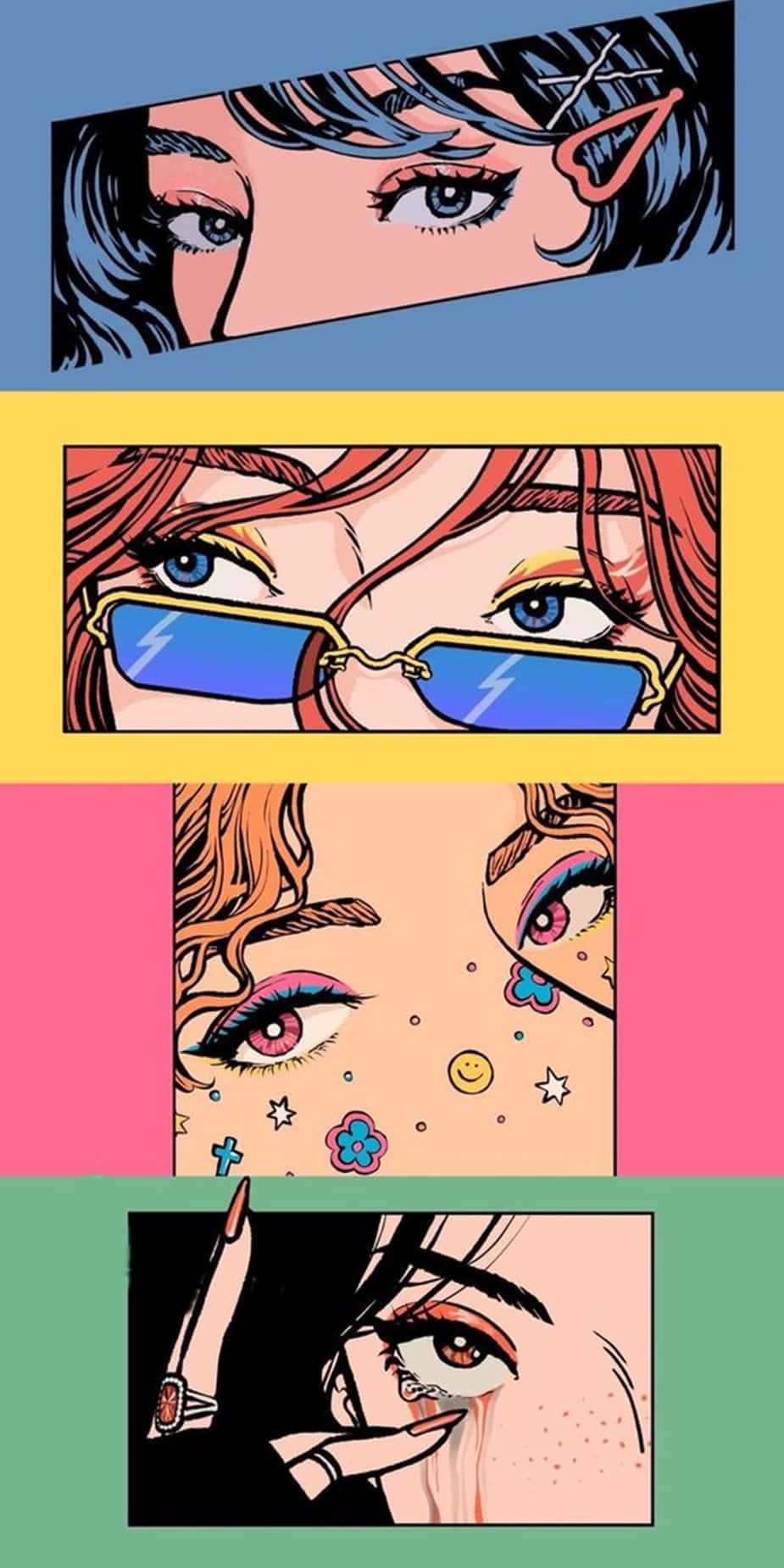 Animated Baddie Girl 壁紙 — 四個漫畫風格面板展示了風格化的女性眼睛，色彩鮮豔，細節豐富，如太陽眼鏡和裝飾元素。