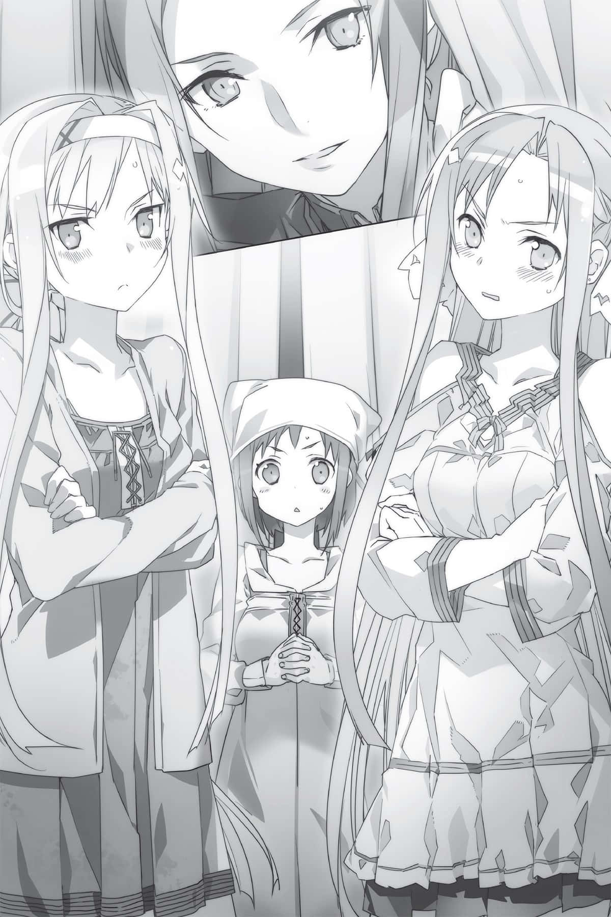 Sortiliena Serlut 桌布 壁紙 — 四個灰階動漫女孩，擁有富表現力的眼睛和細緻的服裝，以分層構圖站立。