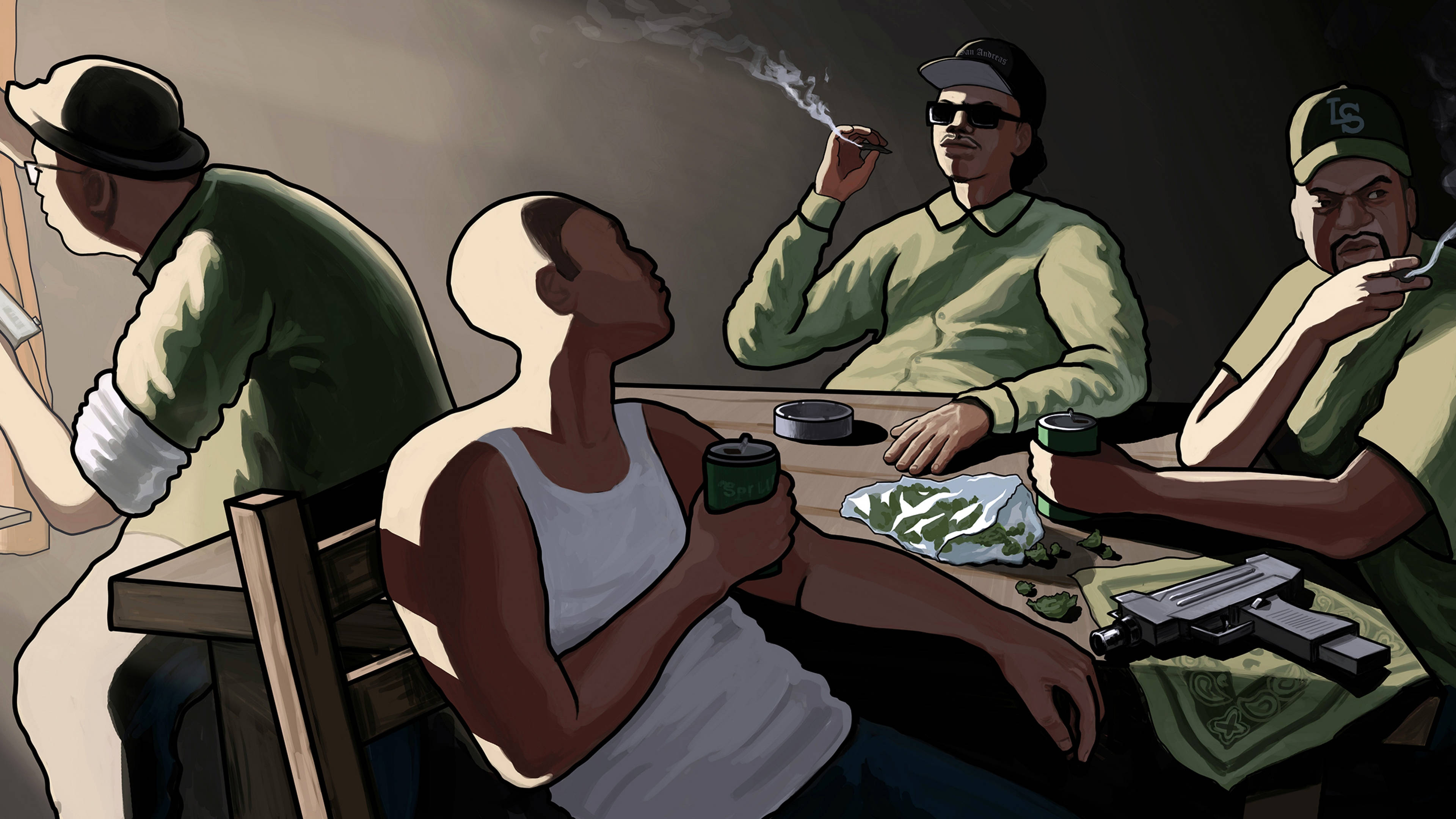 黑幫 桌布 壁紙 — 四個男人在昏暗的房間裡圍坐在桌子旁吸煙並處理毒品，附近有一把槍。